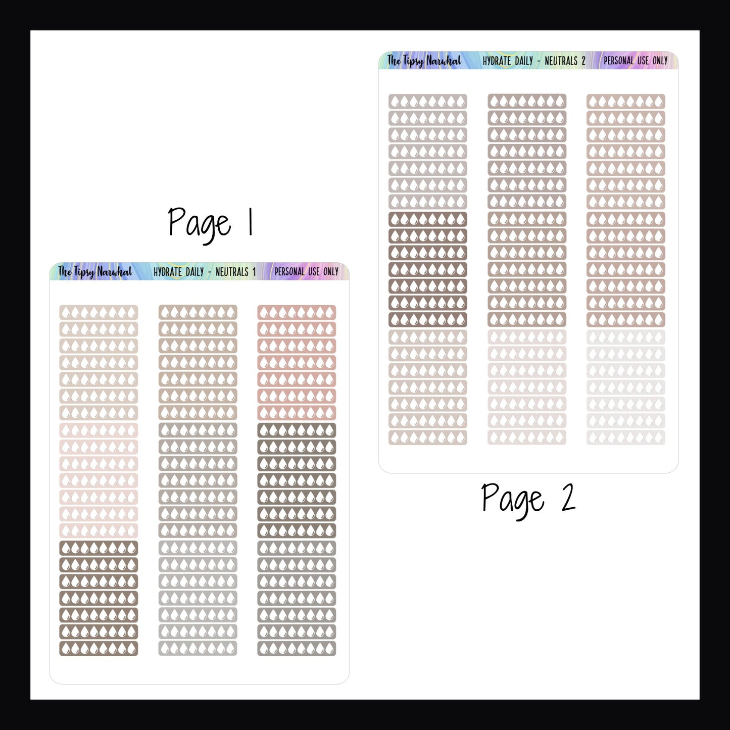 daily hydration neutral stickers pages 1 and 2, daily stickers, health stickers, functional stickers, water tracking, hydration intake, daily intake stickers, neutral color palette