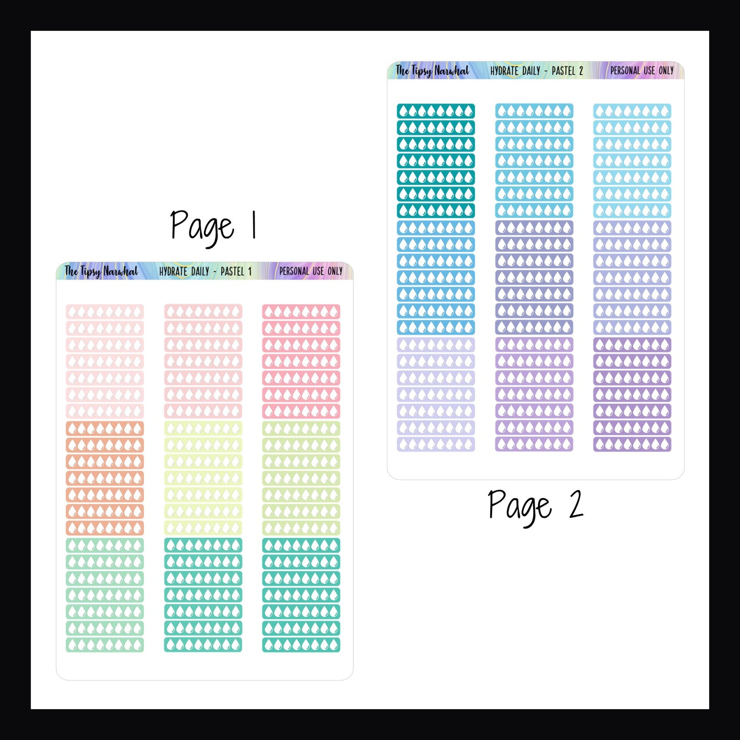 daily hydration pastel stickers pages 1 and 2, daily hydration, water tracking, hydration intake, functional stickers, health stickers, daily stickers, pastel color palette