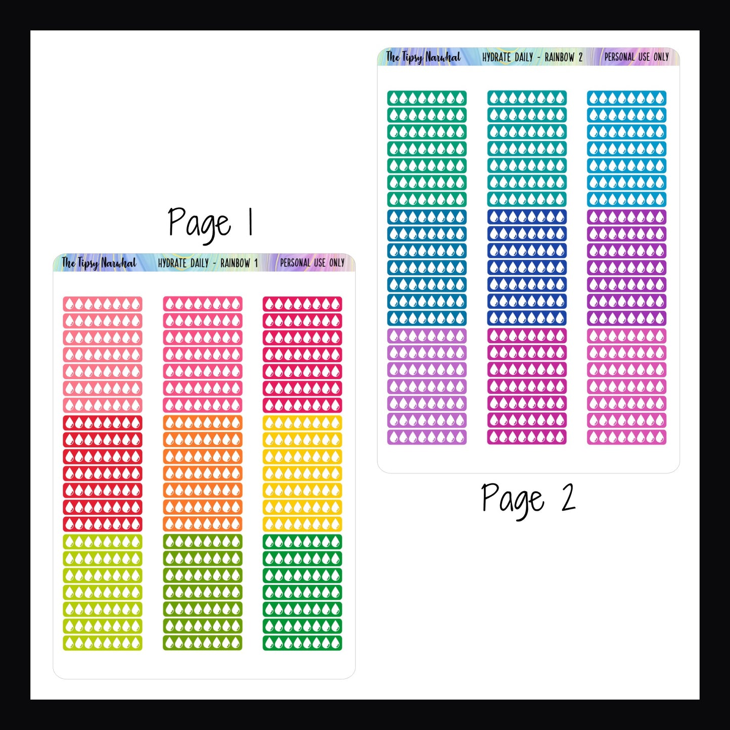 daily hydration trackers rainbow color palette pages 1 and 2, water tracking, hydration intake, health stickers, functional stickers, daily stickers, rainbow color palette