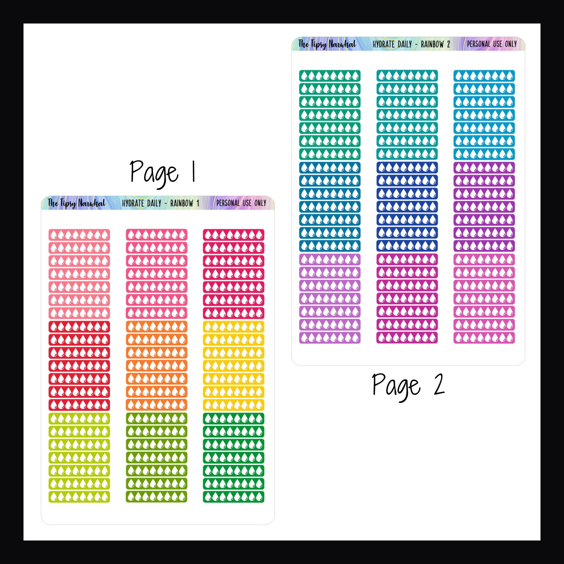 daily hydration trackers rainbow color palette pages 1 and 2, water tracking, hydration intake, health stickers, functional stickers, daily stickers, rainbow color palette