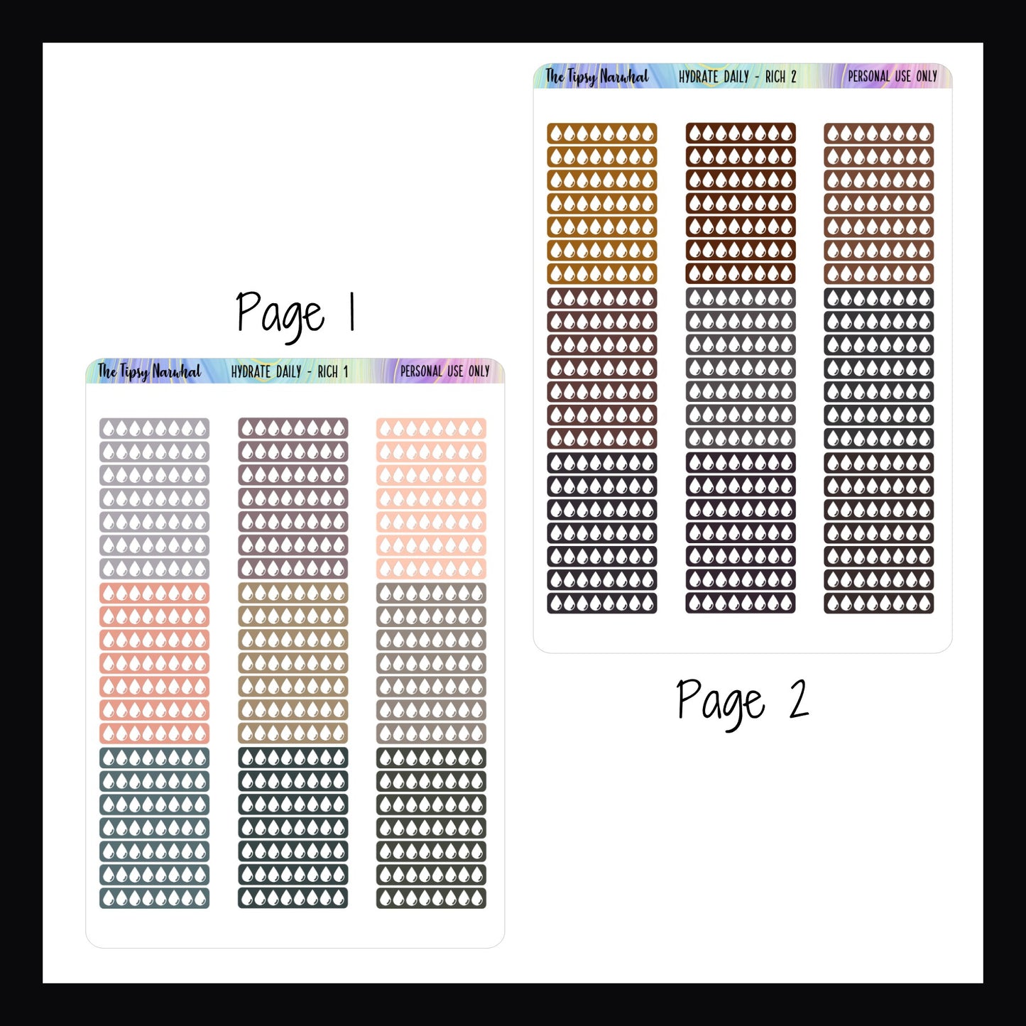 daily hydration rich stickers pages 1 and 2, functional stickers, daily stickers, health stickers, water tracking, hydration intake, rich color palette