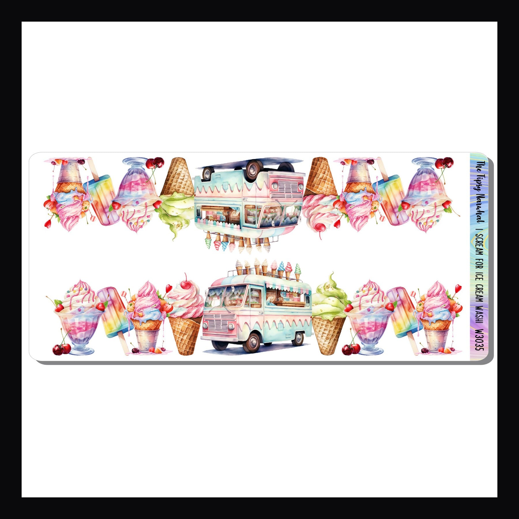 I Scream For Ice Cream Washi Sheet features two strips of fancy cut washi stickers.  The two strips feature an ice cream truck and a selection of frozen treats.  Coordinates with the Ice Cream Dream weekly kits. 