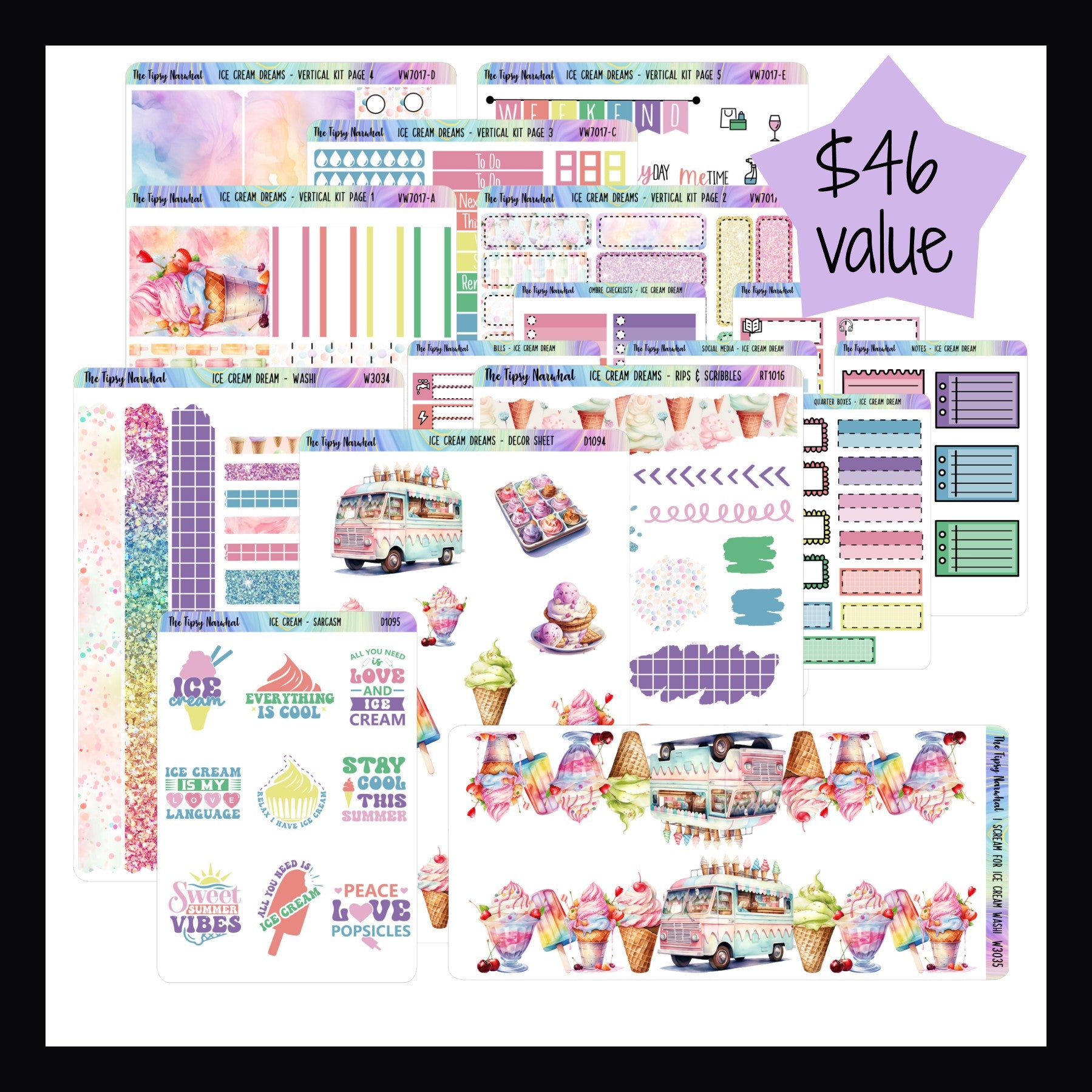 Ice Cream Dream Vertical Value Bundle includes the Ice Cream Dream Vertical Kit, Rips & Scribbles Sheet, Decor Sheet, Washi Sheet, Kit Matching Functional Set, I Scream for Ice Cream, and Ice Cream Sarcasm sheets for $40.  Total bundle value is $46
