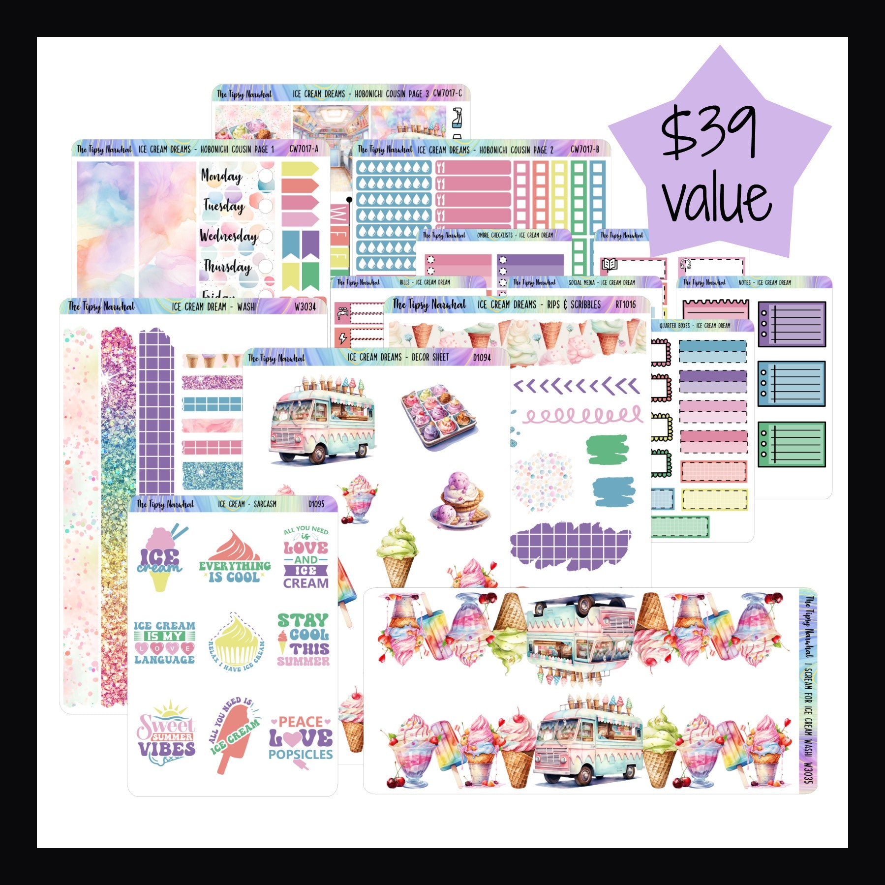 Ice Cream Dream Hobo Cousin Bundle includes the full Ice Cream Dream Cousin Kit, Decor Sheet, Rips & Scribbles, Washi Sheet, I Scream for Ice Cream Washi, Kit Matching Functionals Set and the Ice Cream Sarcasm & Quotes Sheet for $33.  Total value of bundle is $39