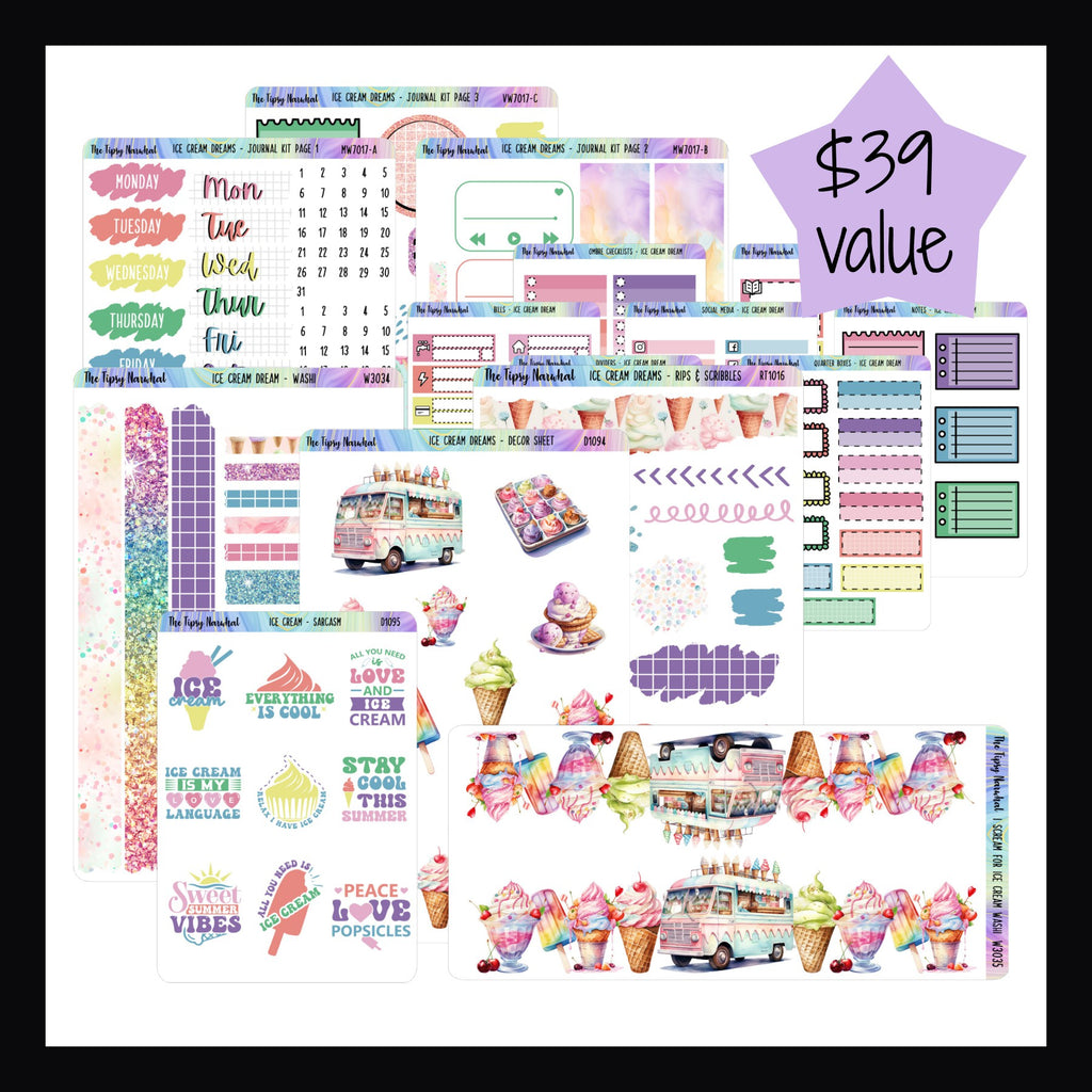 Ice Cream Dreams Journal Bundles contains the Ice Cream Dream Journal Kit, Decor Sheet, Rips & Scribbles sheet, Washi sheet, Ice Cream Sarcasm & Quotes Sheet, I Scream For Ice Cream Washi and the kit matching functionals a $39 value.