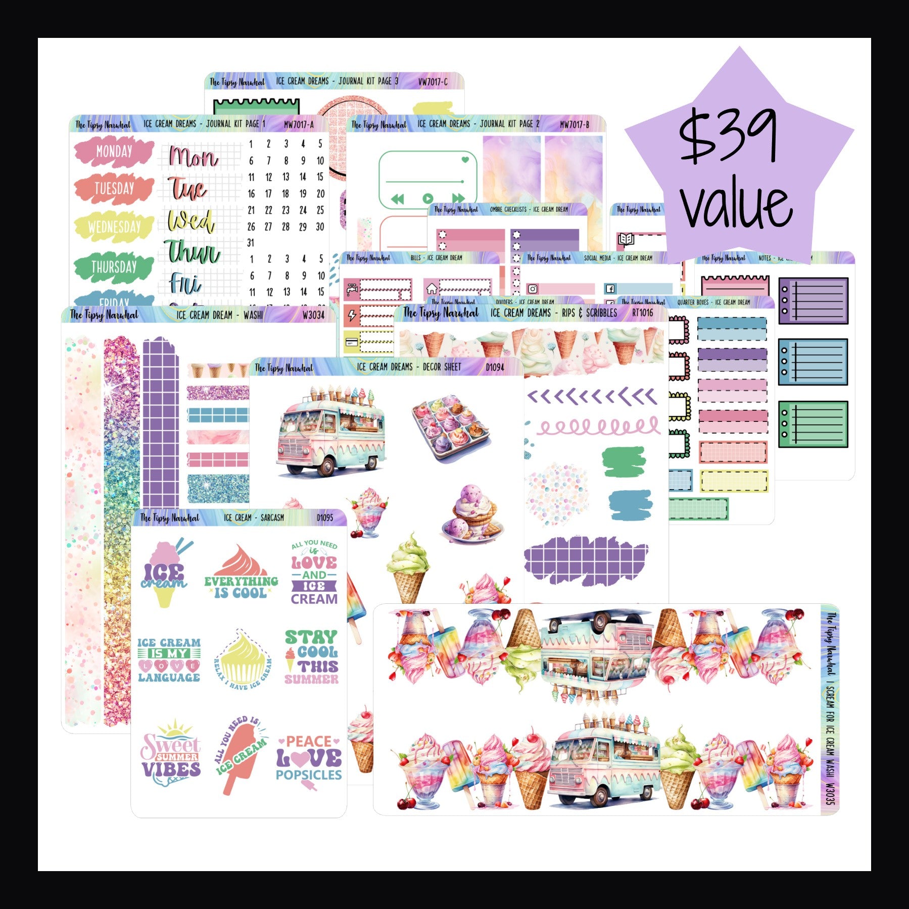 Ice Cream Dreams Journal Bundles contains the Ice Cream Dream Journal Kit, Decor Sheet, Rips & Scribbles sheet, Washi sheet, Ice Cream Sarcasm & Quotes Sheet, I Scream For Ice Cream Washi and the kit matching functionals a $39 value.