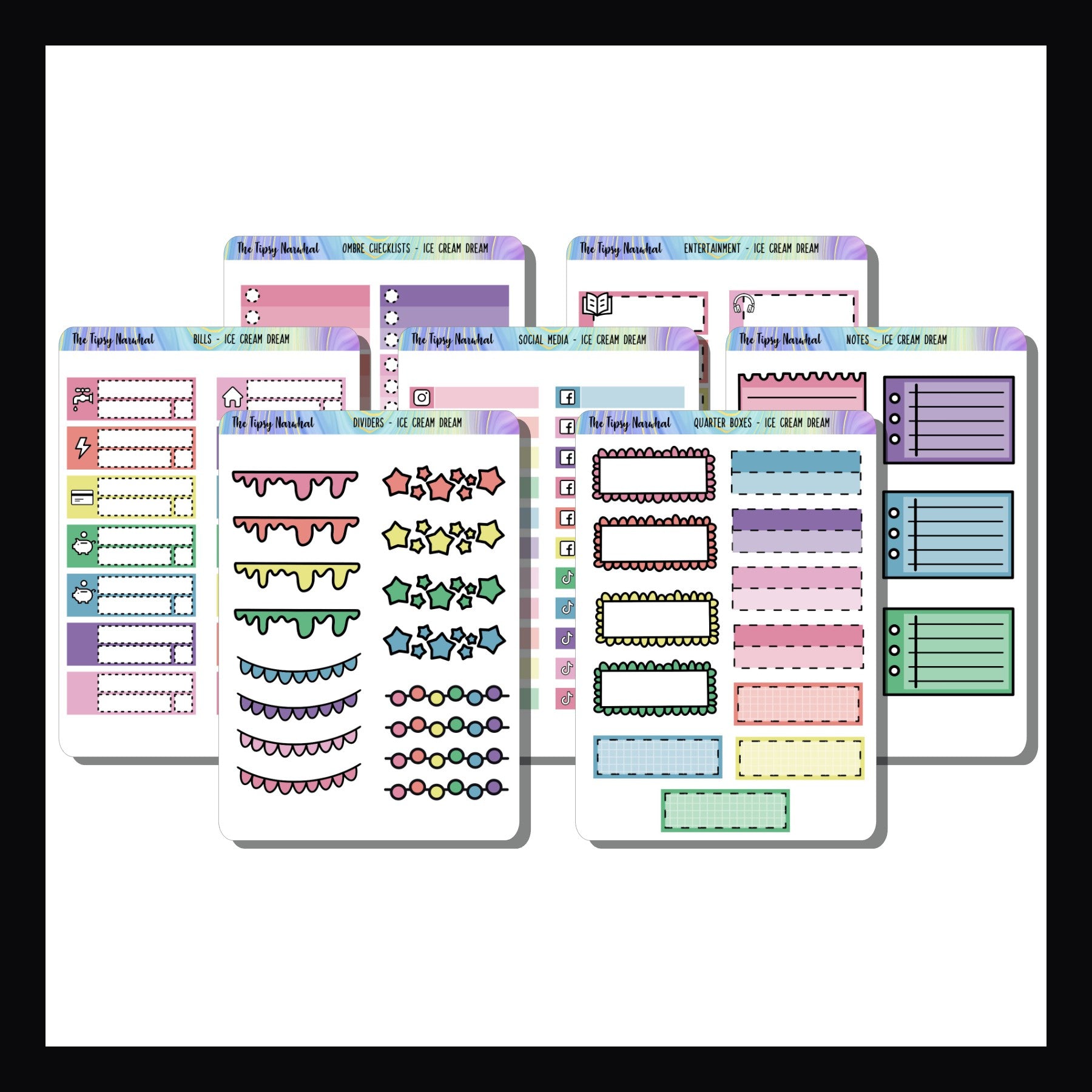 Ice Cream Dreams Kit Matching Functionals is a collection of 7 sticker sheets each featuring a collection of functional style stickers designed to coordinate with the Ice Cream Dreams weekly kits. 