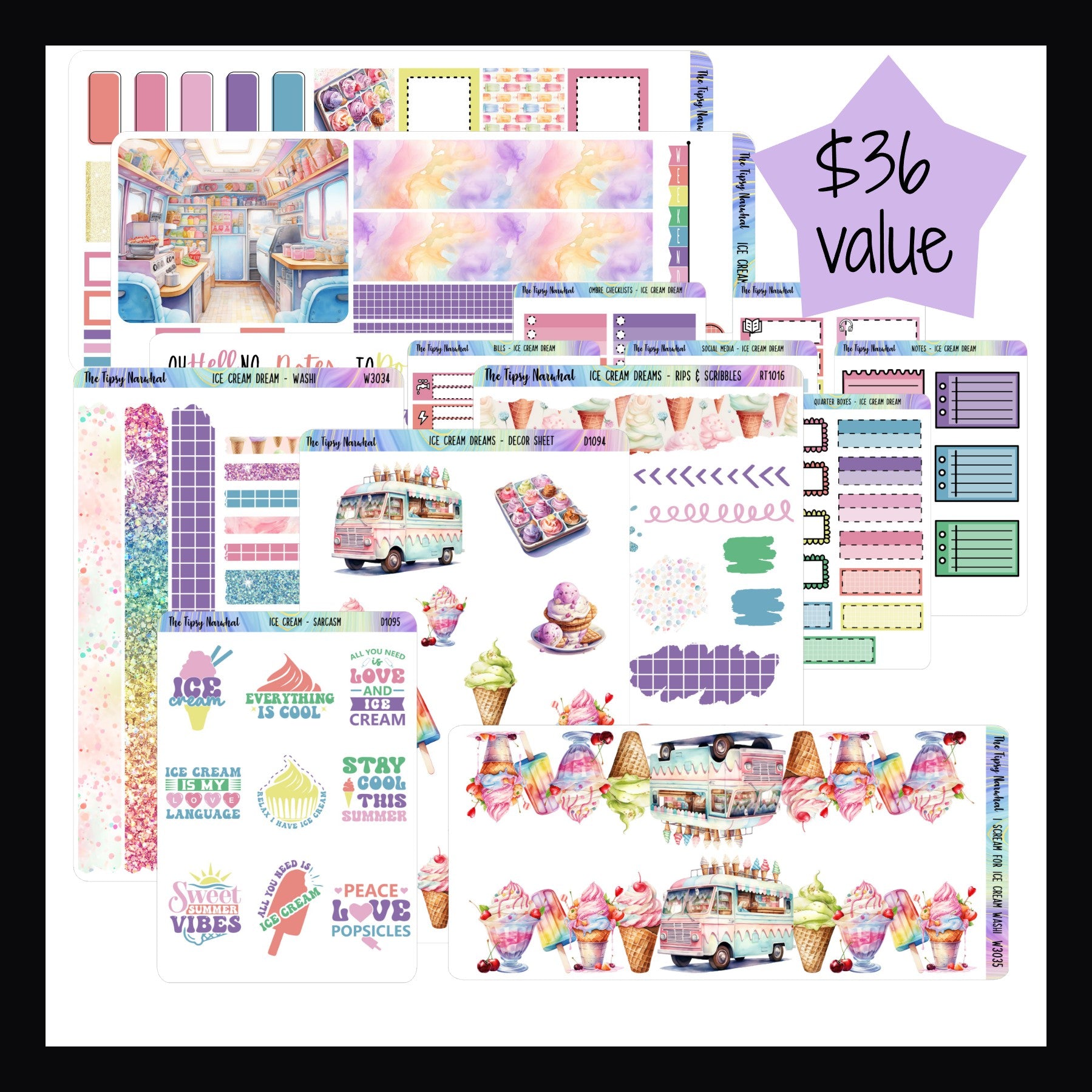 Ice Cream Dreams Hobo Weeks Bundle contains the Ice Cream Dream Hobonichi Weeks Kit, Rips & Scribbles sheet, Decor Sheet, I scream for ice cream washi, Washi sheet, Kit matching functionals, and Ice Cream Sarcasm & Quotes sheet.  Total kit value is $36