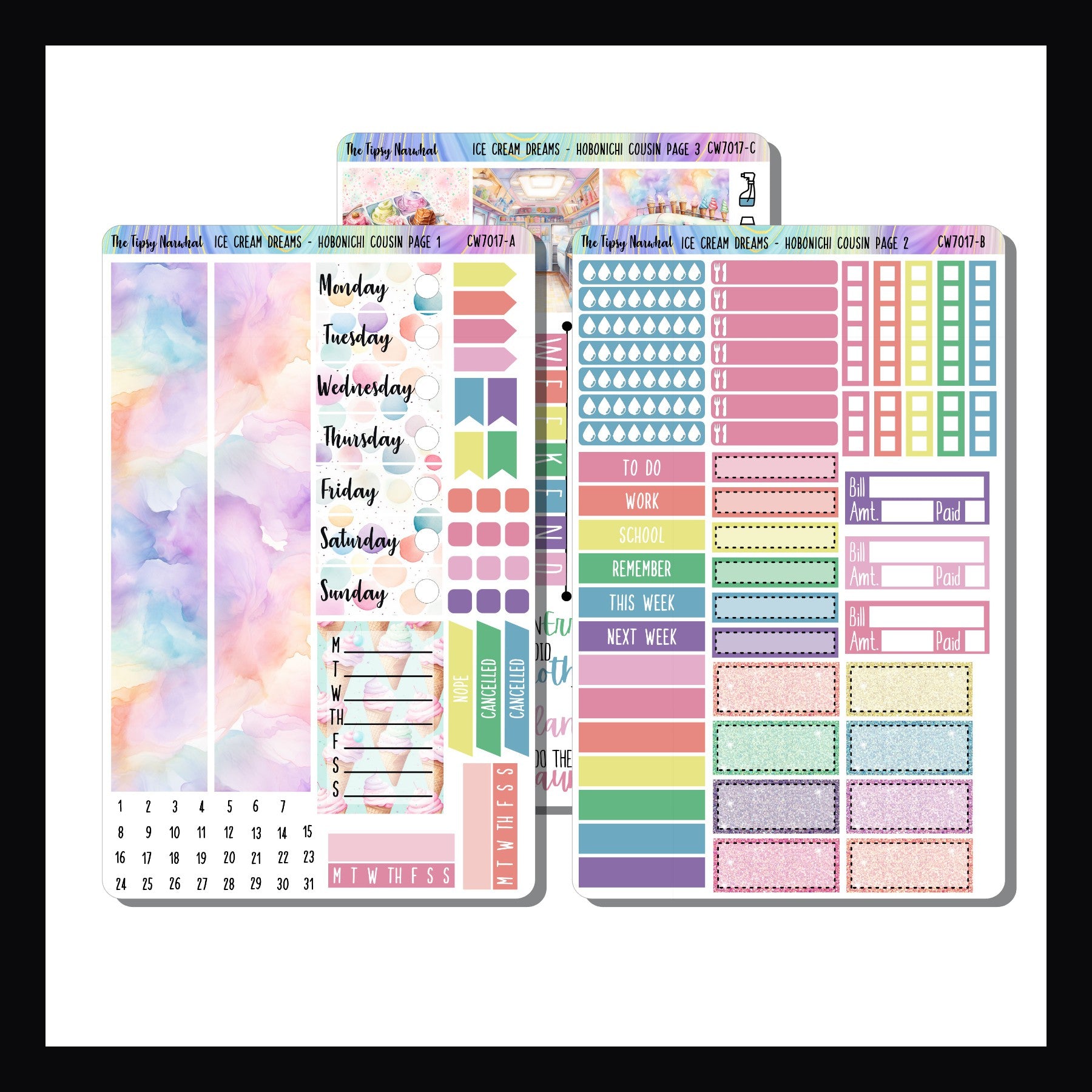 Ice Cream Dreams Hobonichi Cousin Kit is a 3 page sticker kit designed to best work in the A5 Hobonichi Cousin and similarly sized planners.   It features a fun ice cream theme and is done in a pastel rainbow color palette. 