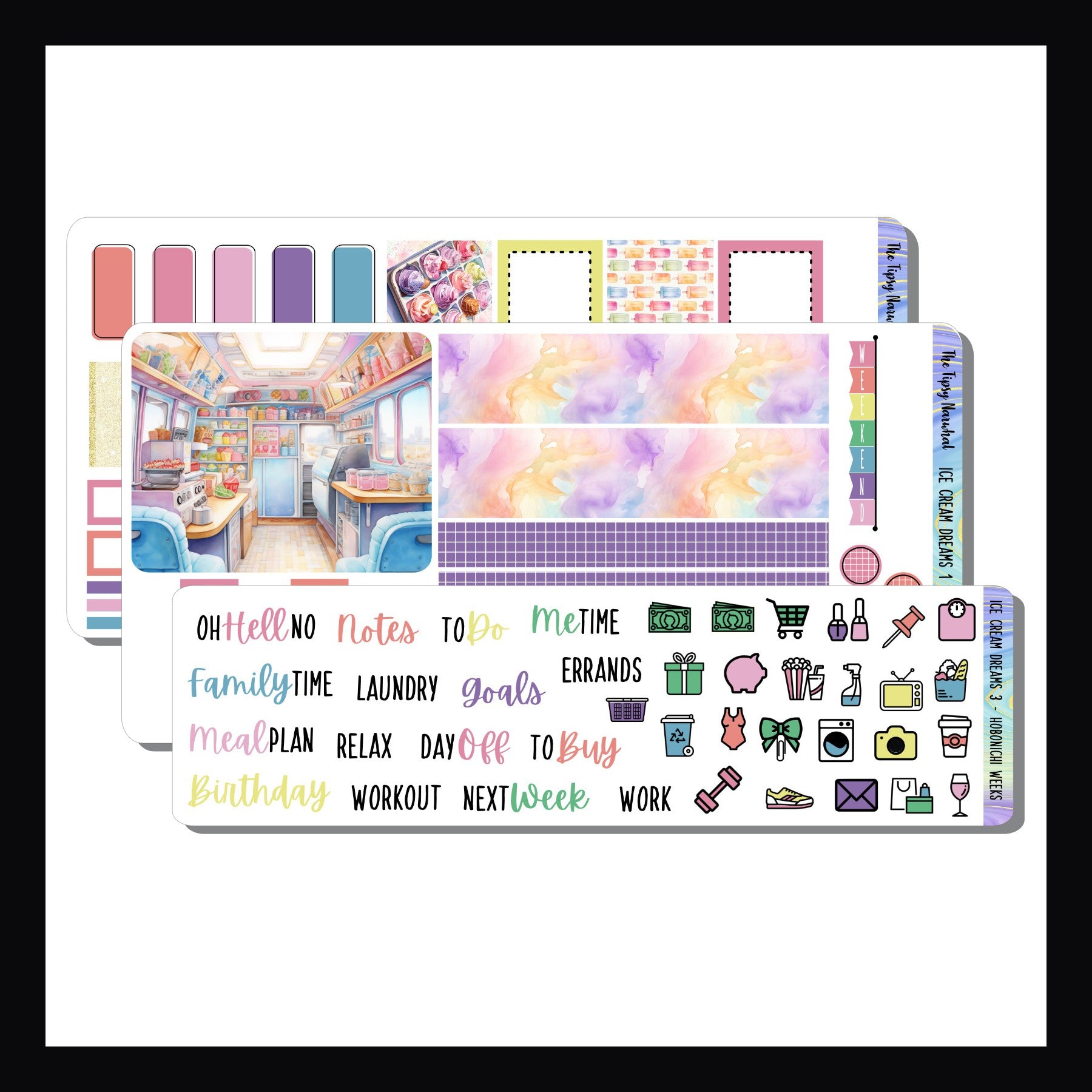 Ice Cream Dreams Hobonichi Weeks Kit is a 3 page sticker kit designed to fit the Hobonichi Weeks and other similarly sized planners.  It features a fun ice cream theme and a pastel rainbow color palette. 