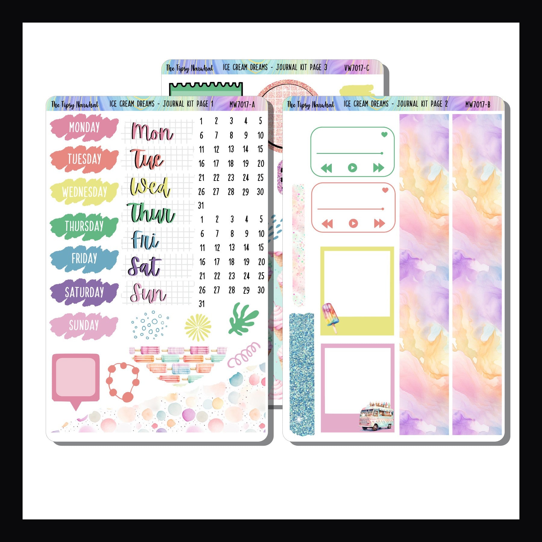 Ice Cream Dreams Journal Kit is a 3 page sticker kit focused mainly on decorative elements to be used in journals or diary style planning. It features a fun ice cream theme and a pastel rainbow color palette.
