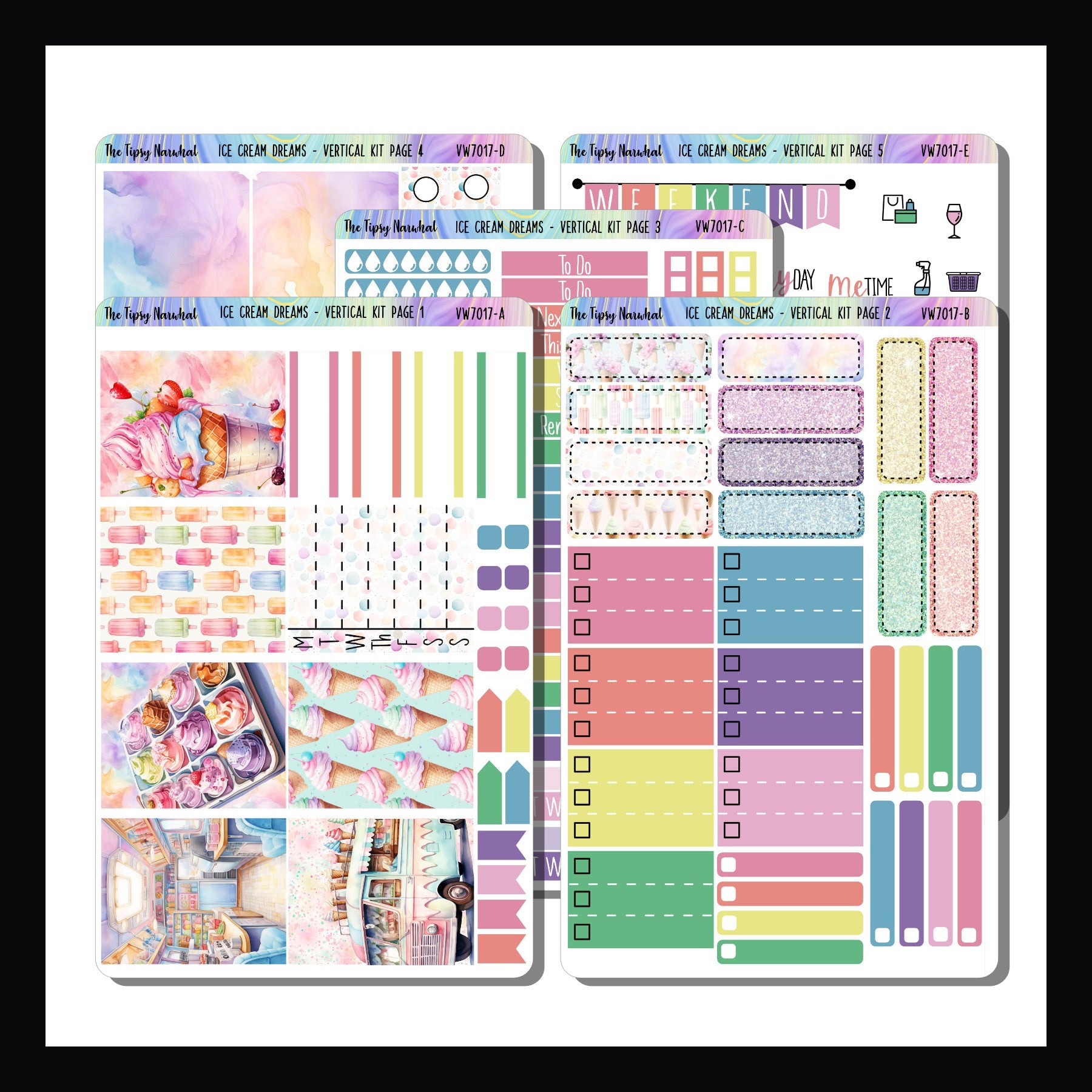 Ice Cream Dreams Vertical Weekly Kit is a 5 page sticker kit designed to best fit in 7x9 inch vertical planners.  The kit has a fun ice cream and popsicle theme and features a pastel rainbow color palette. 
