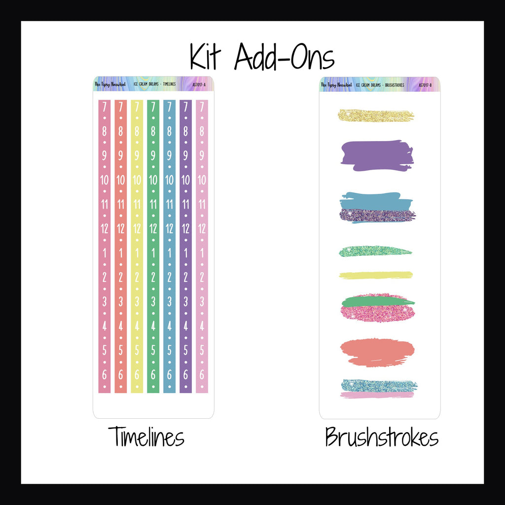Ice Cream Dreams Kit Add-ons.  Timelines sheet features 7 sticker strips that convert any vertical space into an hourly planner.  The brushstrokes sheet features a collection of brushstroke style stickers to highlight appointments or add some color to your layout.  Both coordinate with the Ice Cream Dreams weekly kits. 