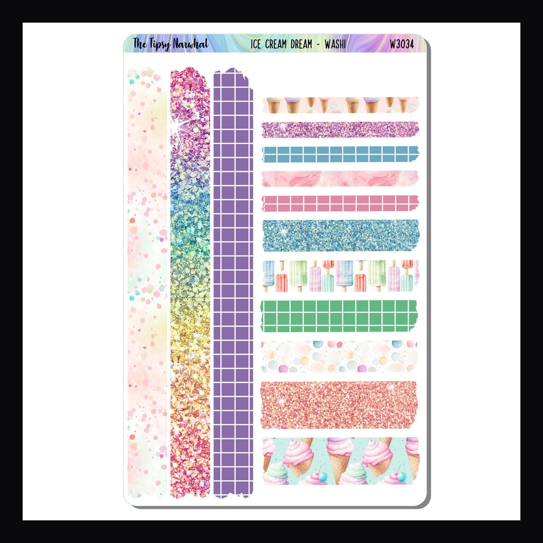 Ice Cream Dream Washi Sheet is a full page sticker sheet featuring a selection of 14 washi sticker strips.  Each strip features a unique pattern that coordinates with the Ice Cream Dream weekly kits. 