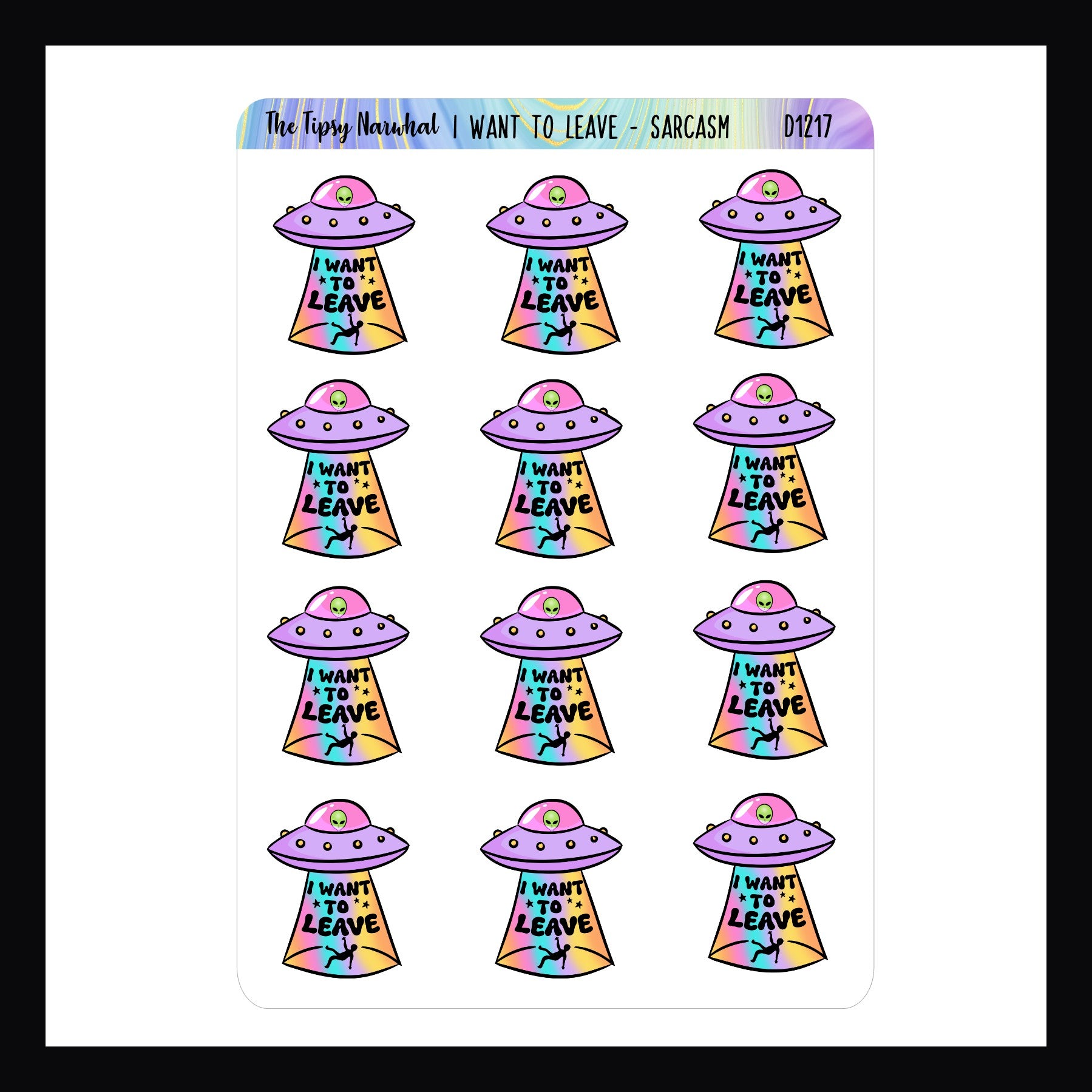 Sarcasm and Quotes Stickers - I want to leave features 12 stickers with a UFO design.  Shown on a white background.