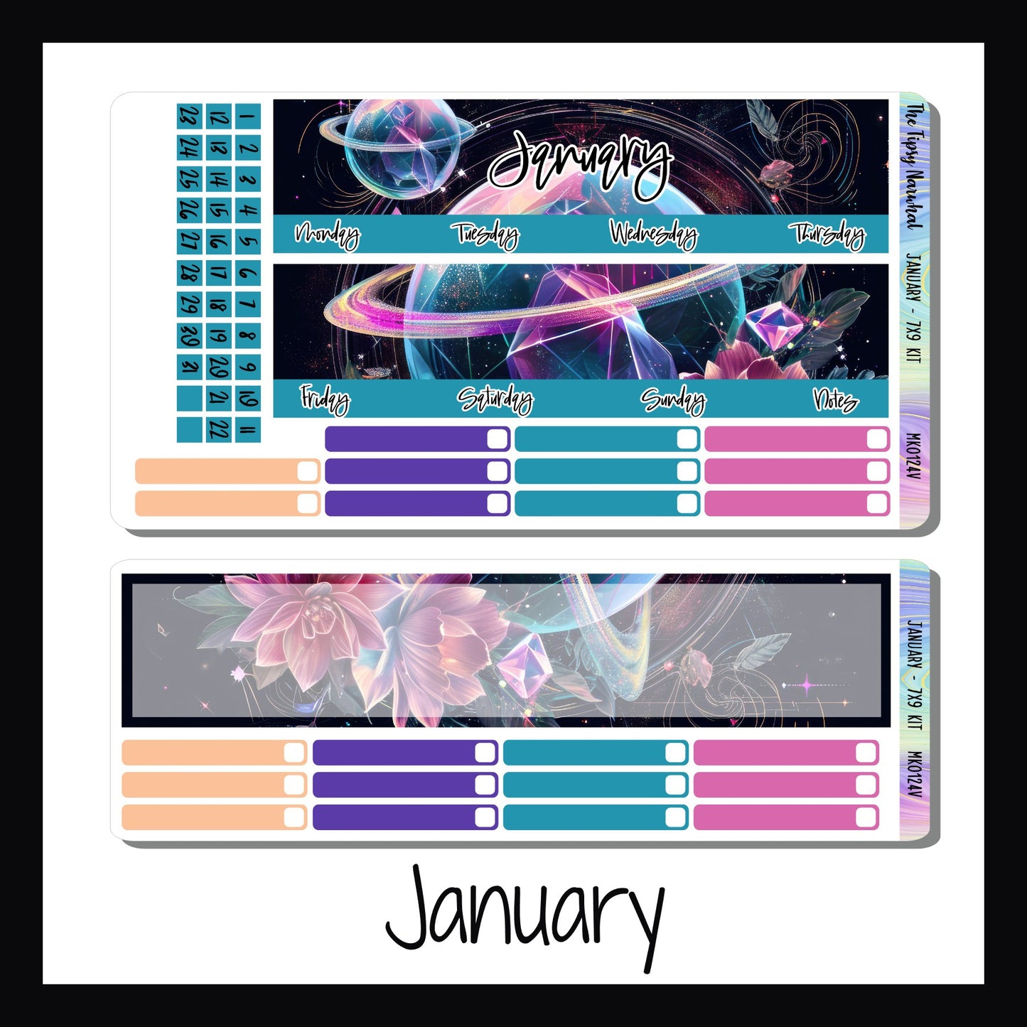 January monthly kit for 7x9 vertical planner, crystal planet with rings featuring bright colors of pink, aqua, purple and yellow.