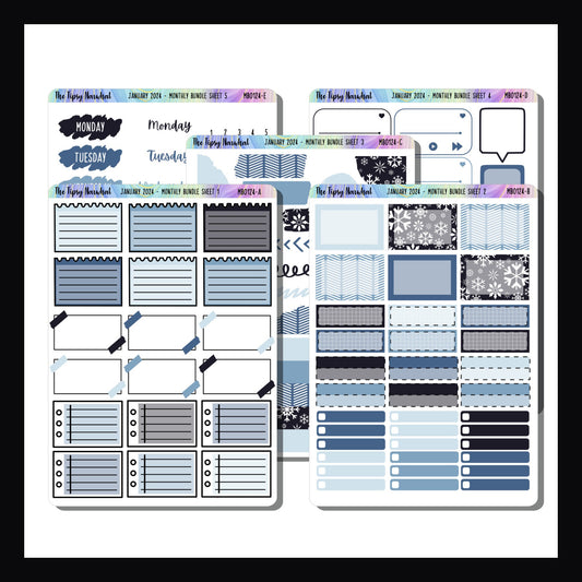 January 2024 Monthly Bundle, 5 page sticker kit, Blue snow themed, planner stickers, functional stickers, decorative stickers