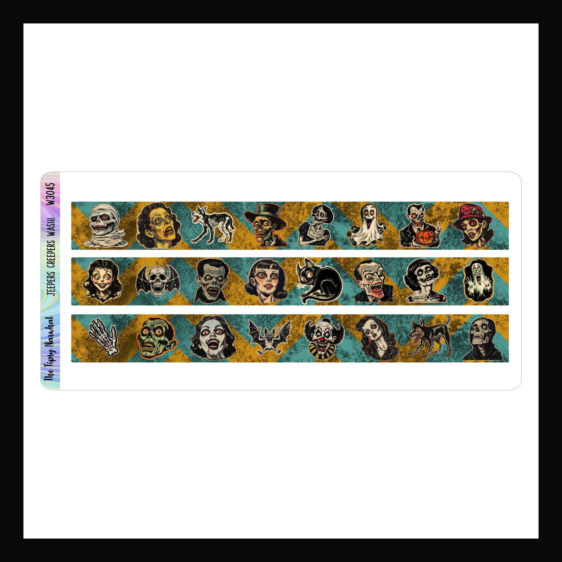 Jeepers Creepers Washi Sheet shown on a white background. Sheet includes 3 Halloween themed sticker strips. 
