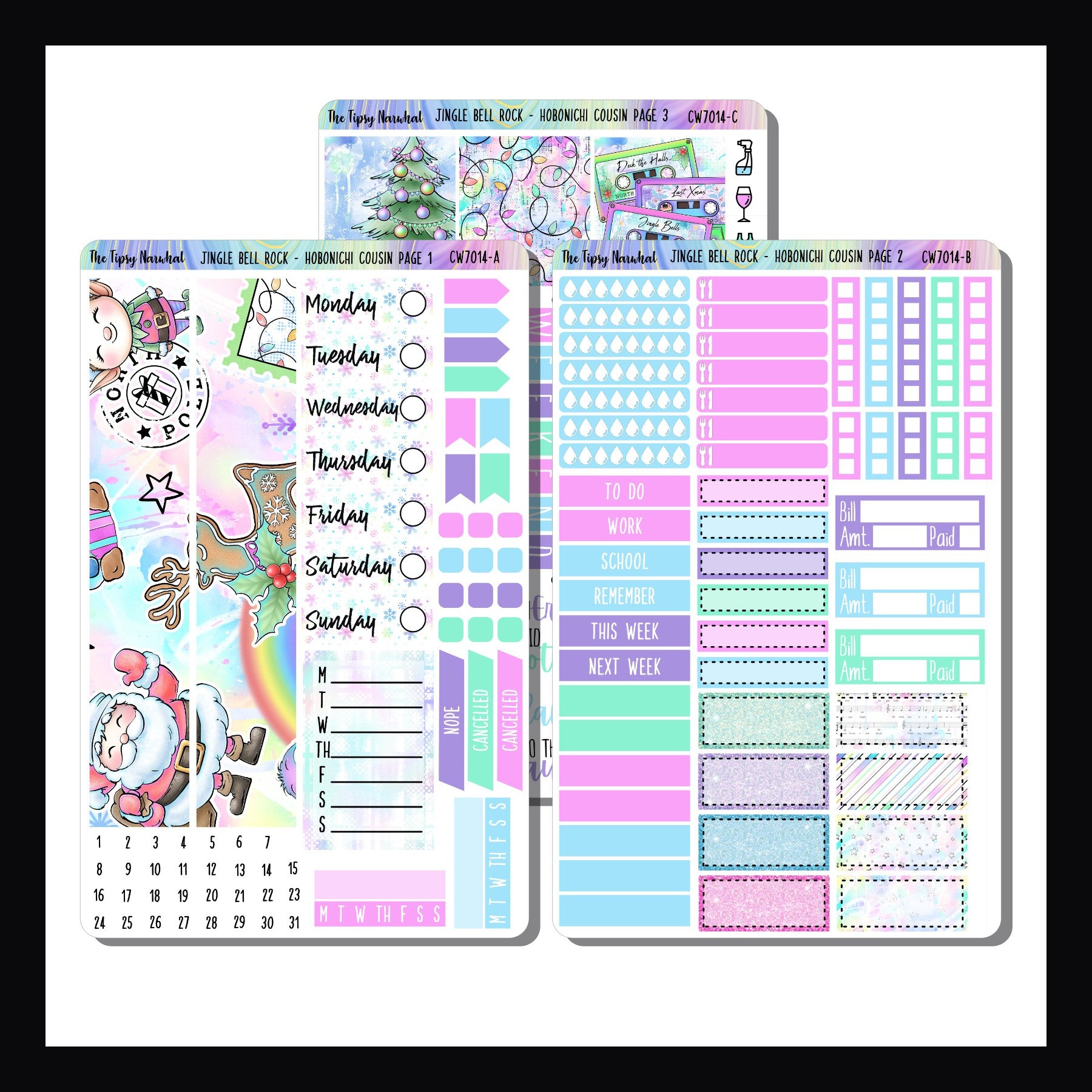 Jingle Bell Rock Hobonichi Cousin Kit is a 3 page sticker kit designed to fit in the Hobonichi Cousin style planners.  It features a bright Christmas theme focusing on holiday music.