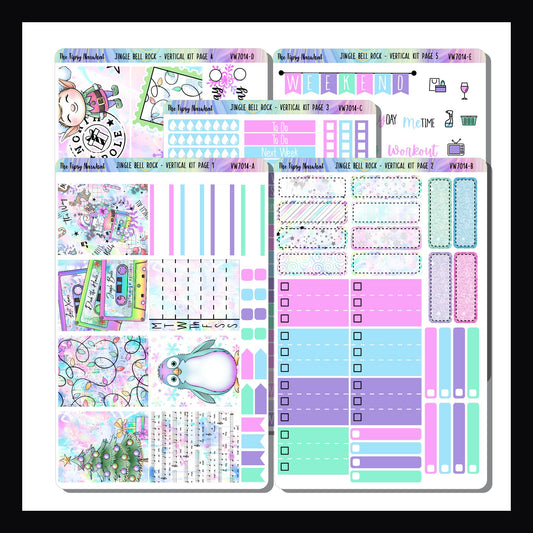 Jingle Bell Rock Vertical Kit is a 5 page sticker kit designed to fit most vertical style planners.  It features a holiday music theme done in a bright color palette. 