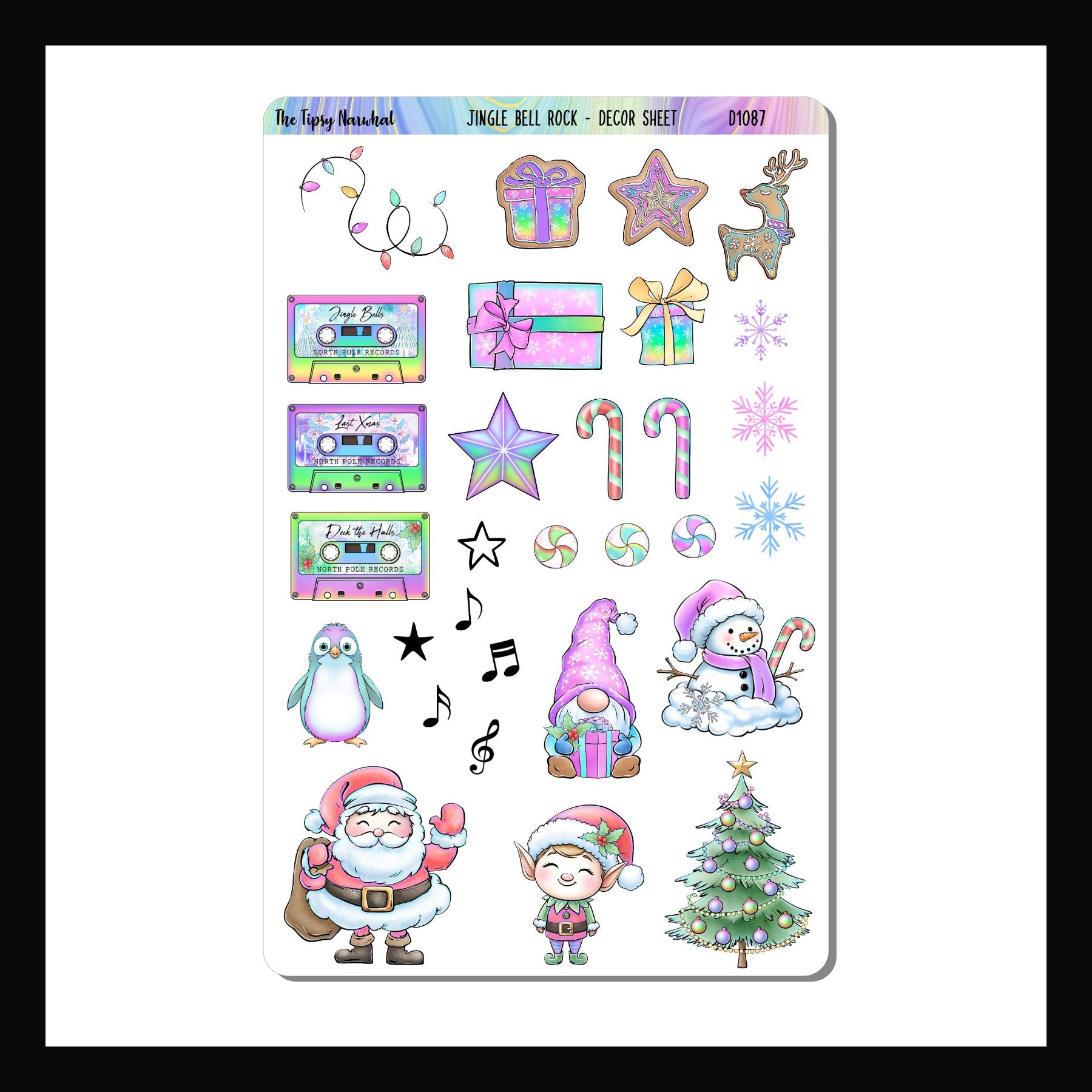 Jingle Bell Rock Decor Sheet is a 4.5x7 inch sticker sheet featuring a variety of holiday candies, cookies, lights, snowflake, and more stickers.  Coordinates with the Jingle Bell Rock weekly kits. 