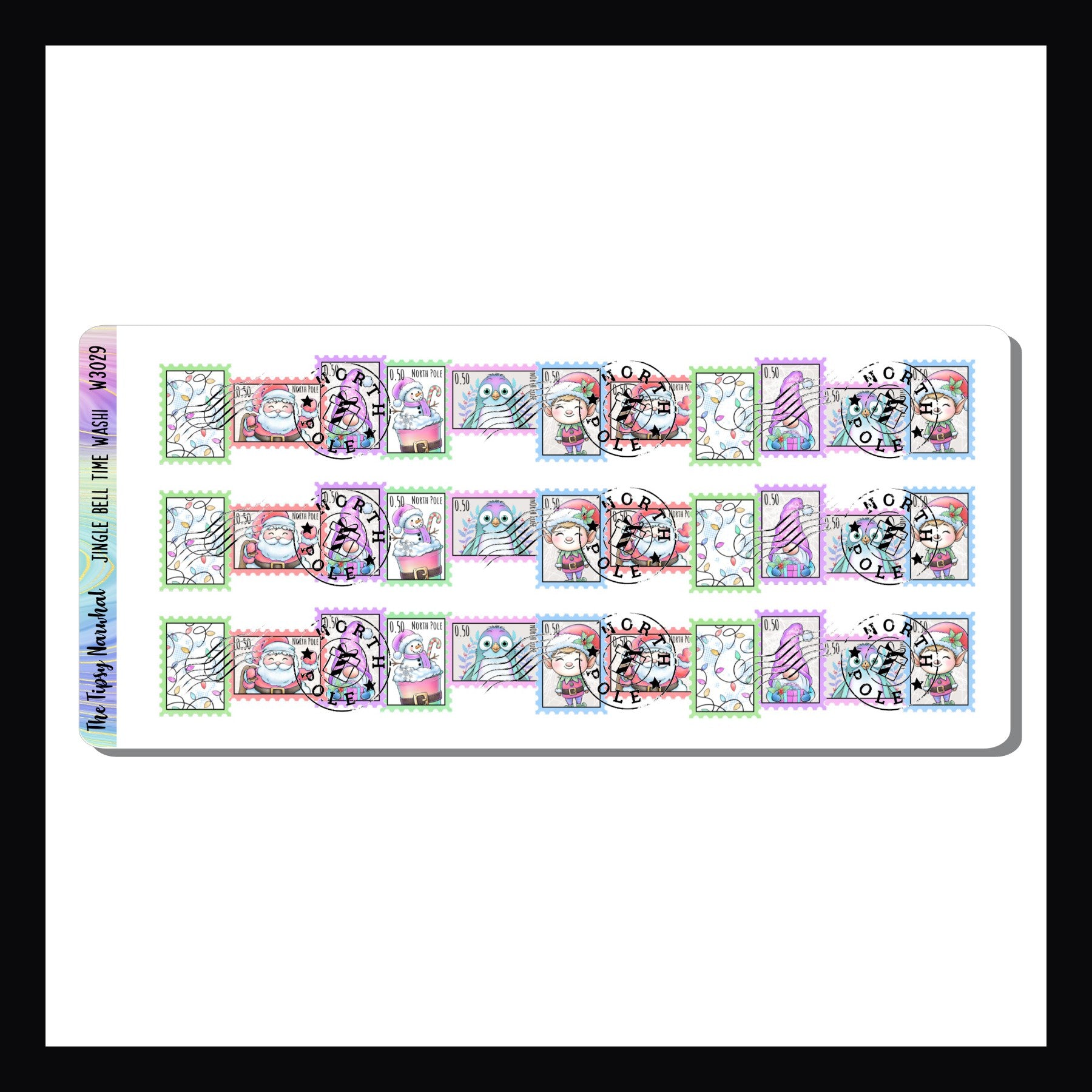 Jingle Bell Time Washi is a sticker sheet featuring 3 strips of fancy cut washi.  The colors and patterns match the Jingle Bell Rock weekly kits.