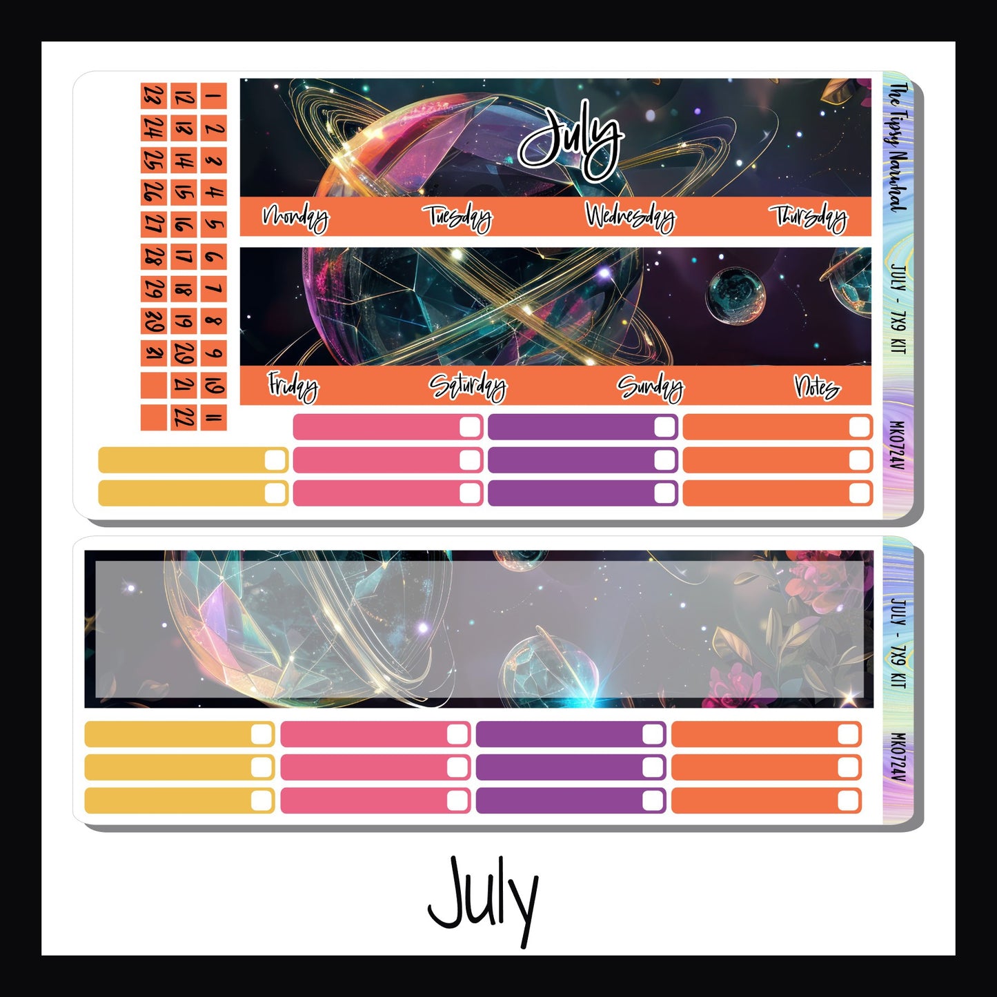 July monthly sticker kit for 7x9 vertical planners.  July's design features a rainbow crystal planet with golden rings.  Colors include vivid orange, pink, yellow with subtle hints of blue.