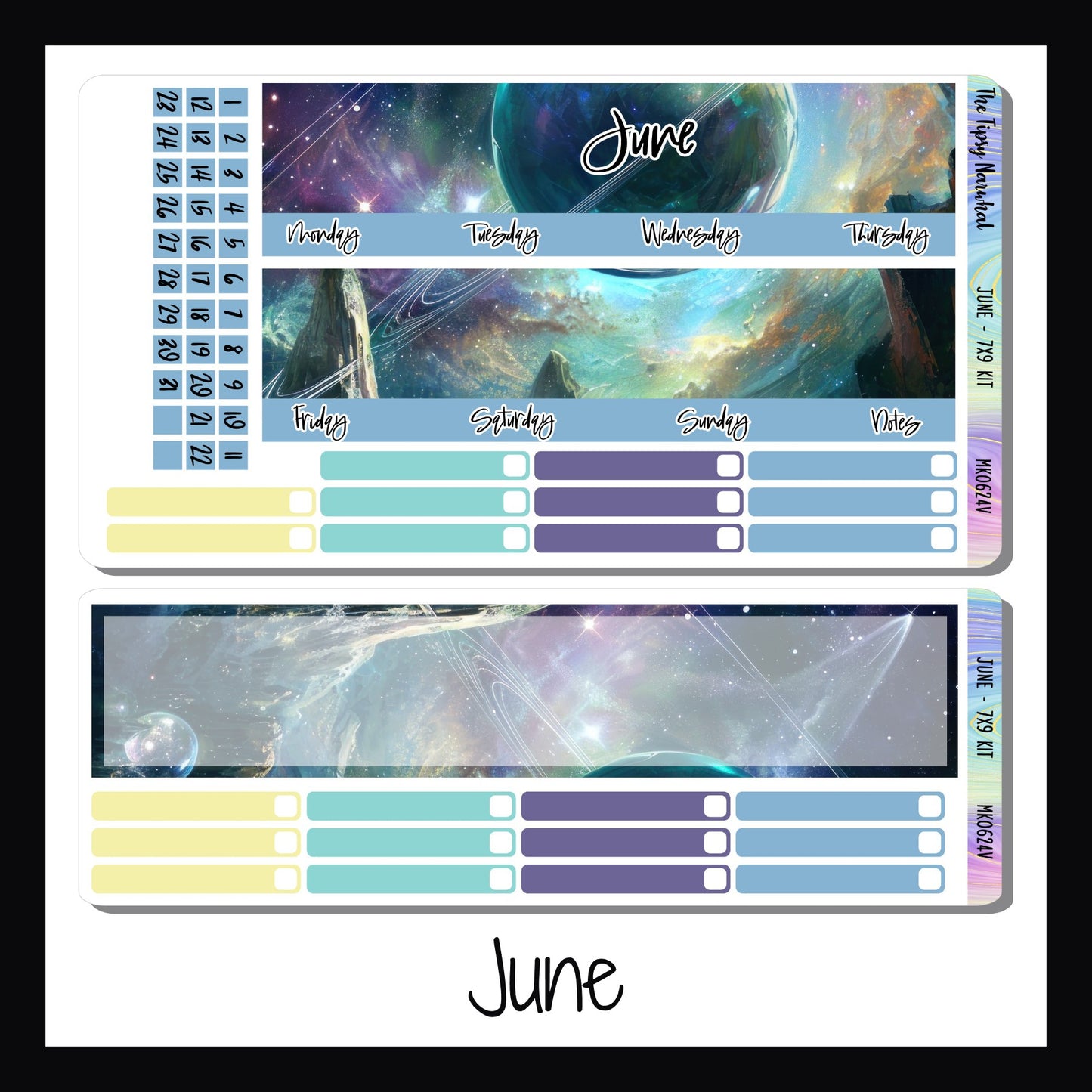 June monthly sticker kit for 7x9 vertical planners.  June design features a planet over a borealis style background.  Colors include vivid blues, yellows, greens and purples.