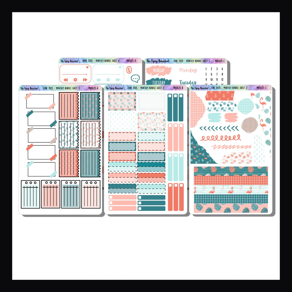 June 2025 Monthly Bundle is a 5 page sticker kit that focuses on functional planning.  Each month features a limited edition theme. June's theme is flamingos and features a color palette of bright corals and cool aqua blues.