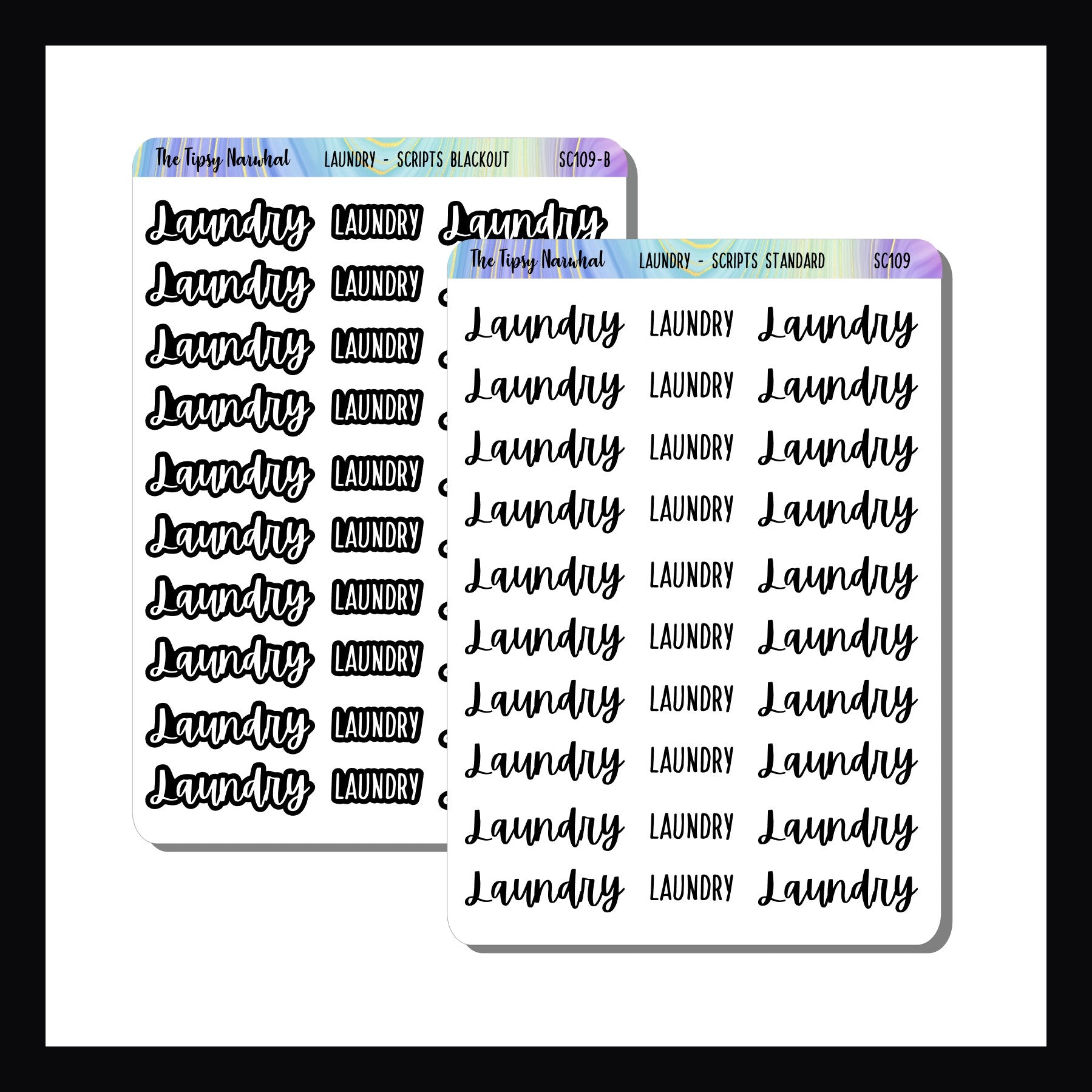 Two sheets of 'Laundry' script planner stickers on a white background.