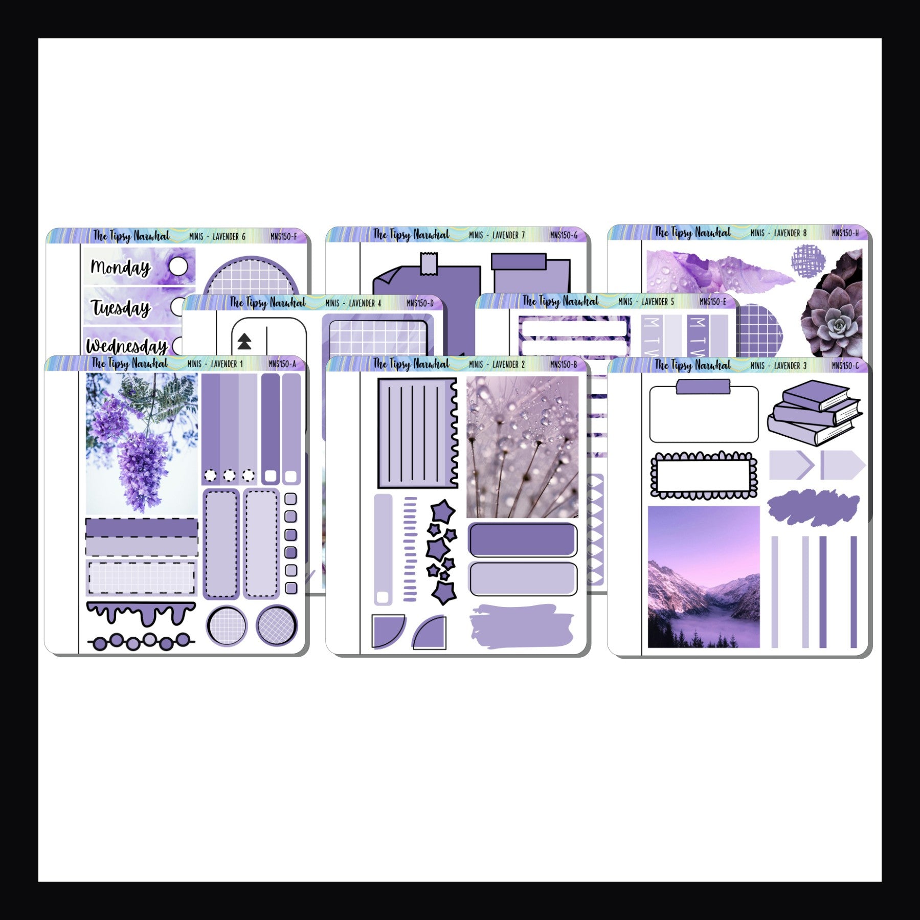Lavender Freestyle Minis is collection of 8 quarter sheet sized sticker pages. This collection focuses on Lavender 