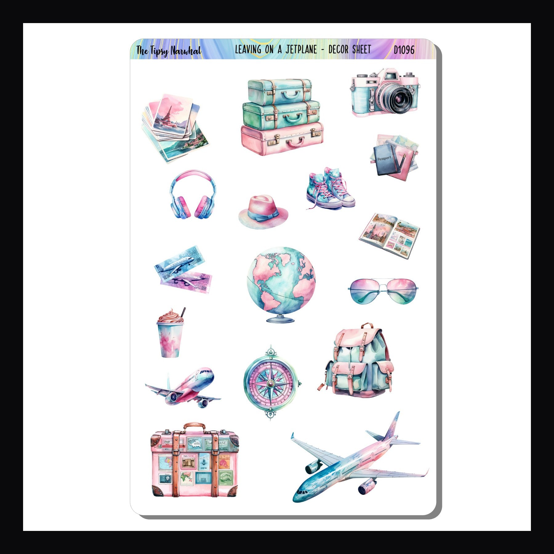 Leaving on a Jetplane Decor Sheet is a 4.5 x 7 inch sticker sheet featuring a selection of travel themed stickers.  Images include suitcases, maps, photos, and airplanes.  Sticker sizes vary by design. 