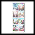 Leaving on a Jet Plane A5 Boxes is a sheet of full box decor sized to fit A5 planners such as the Hobonichi Cousin.  Each of the 8 deco boxes depicts a destination or air port scene and coordinates with the Leaving on a Jet Plane weekly kits. 