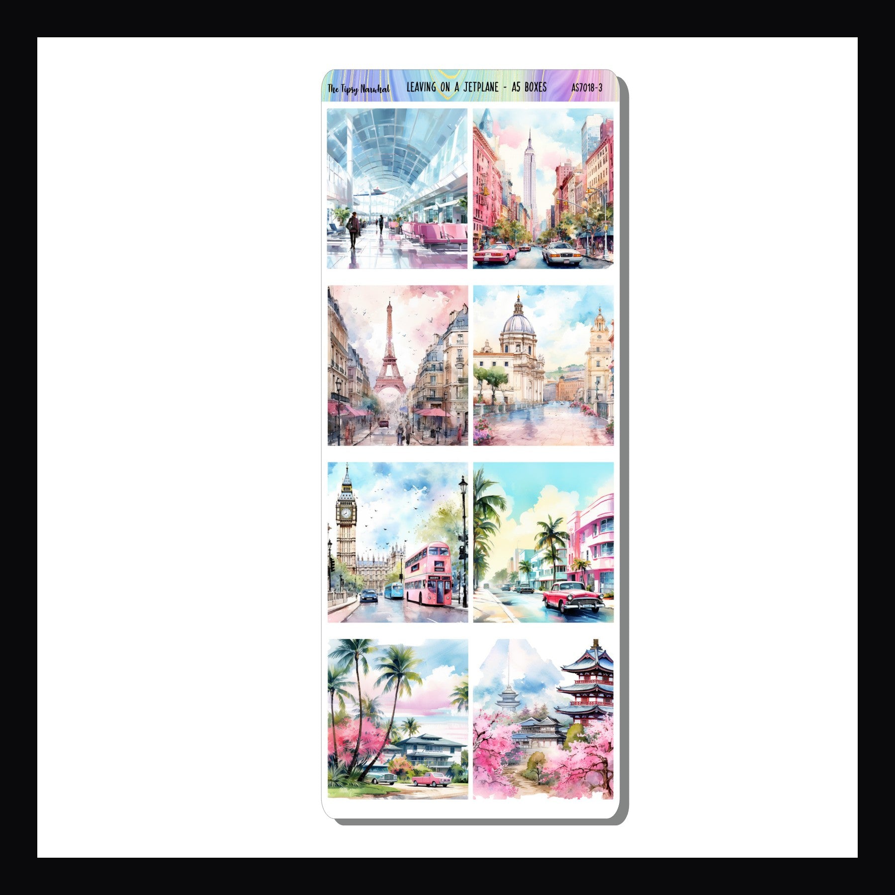 Leaving on a Jet Plane A5 Boxes is a sheet of full box decor sized to fit A5 planners such as the Hobonichi Cousin.  Each of the 8 deco boxes depicts a destination or air port scene and coordinates with the Leaving on a Jet Plane weekly kits. 