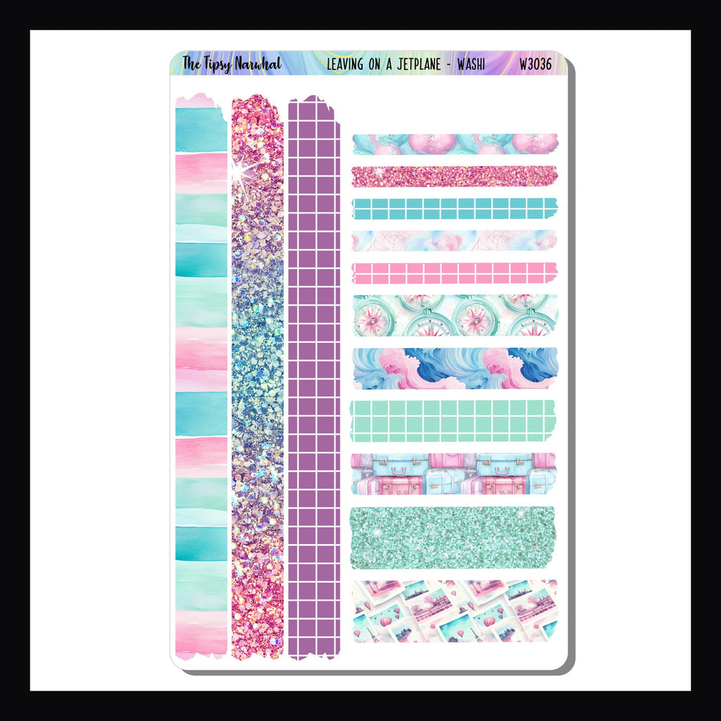 Leaving on a Jetplane Washi Sheet is a 4.5 x 7 inch sticker sheet featuring a selection of variously sized washi strips.  Patterns and colors of the washi all are designed to match the Leaving on a Jetplane weekly kits. 