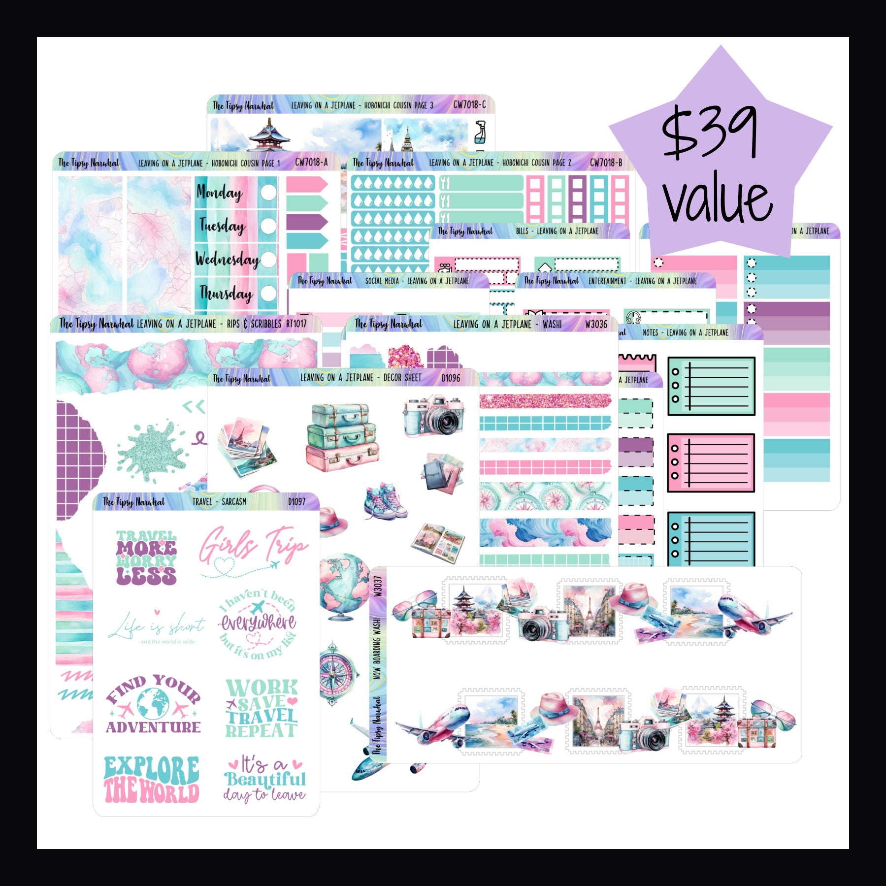 Leaving on a Jet Plane Hobonichi Cousin Bundle contains the Leaving on a Jet Plane Cousin Kit, Decor Sheet, Washi Sheet, Rips & Scribbles Sheet, Now Boarding Washi, Travel Sarcasm & Quotes as well as the full set of matching functionals.  Total value is $39.