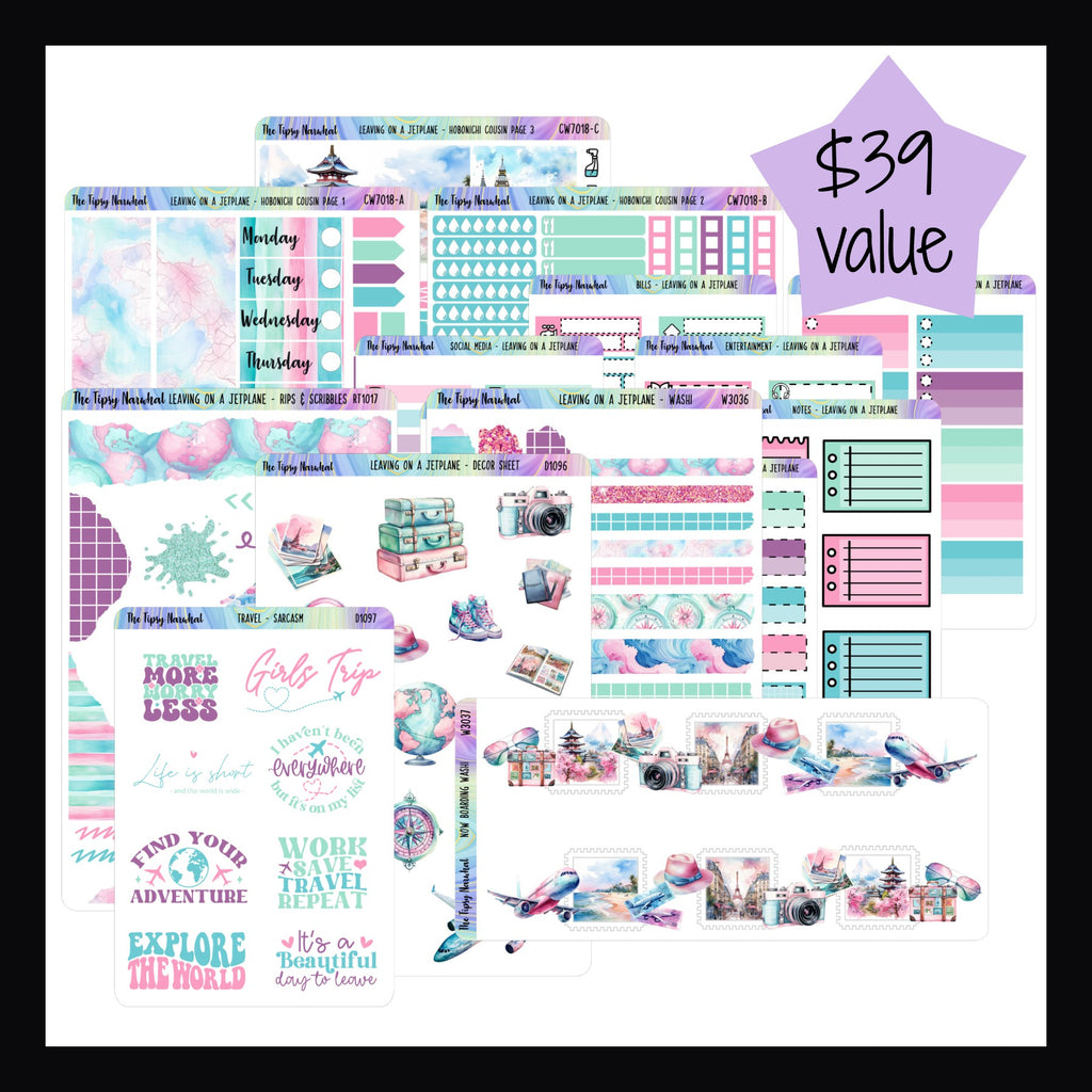 Leaving on a Jet Plane Hobonichi Cousin Bundle contains the Leaving on a Jet Plane Cousin Kit, Decor Sheet, Washi Sheet, Rips & Scribbles Sheet, Now Boarding Washi, Travel Sarcasm & Quotes as well as the full set of matching functionals.  Total value is $39.