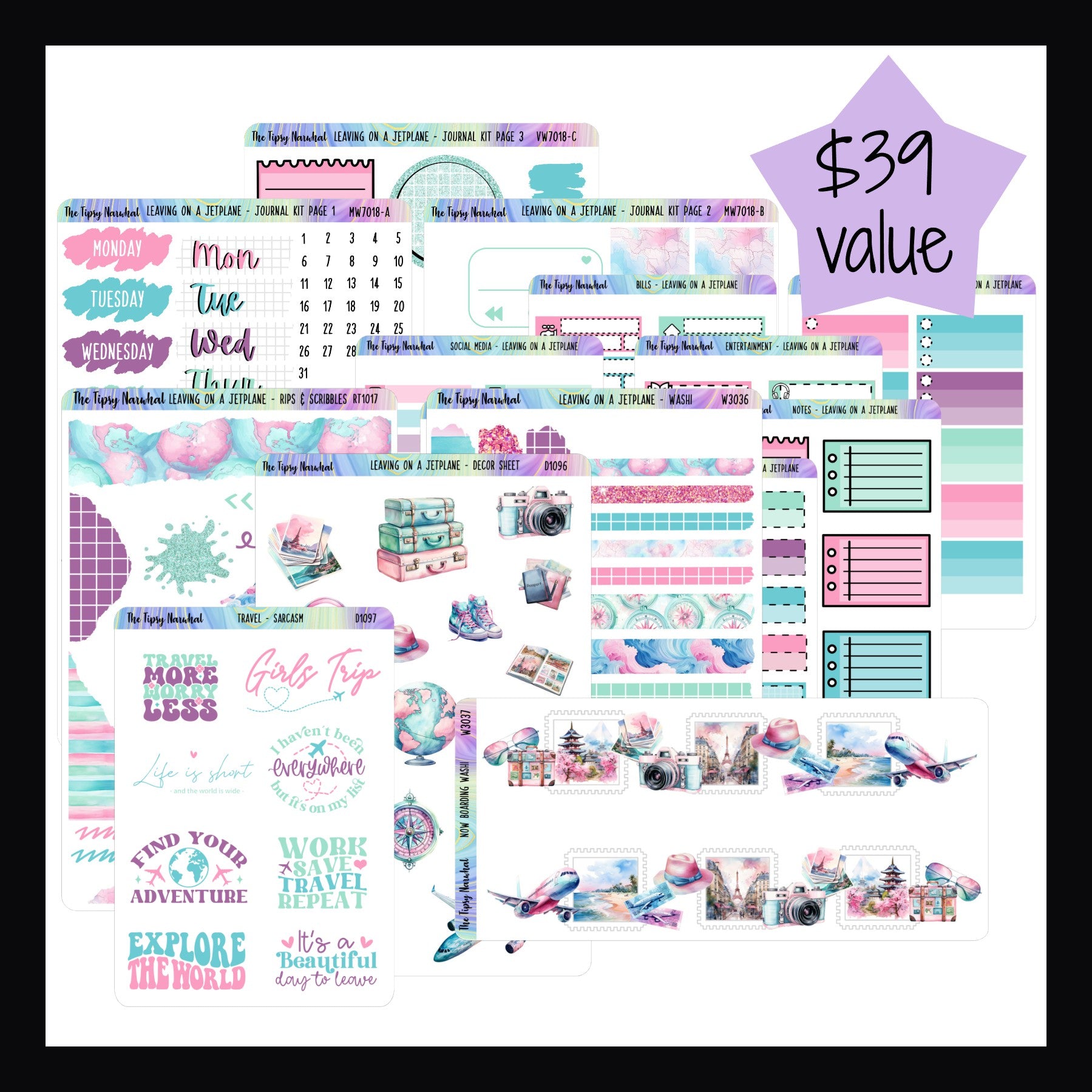 Leaving on a Jet Plane Journal Bundle consists of the Leaving on a Jet Plane Journal Kit, Decor Sheet, Rips & Scribbles Sheet, Washi sheet, Now Boarding Washi, Travel Sarcasm & Quotes sheet, as well as the full set of matching functionals.  Total value is $39.