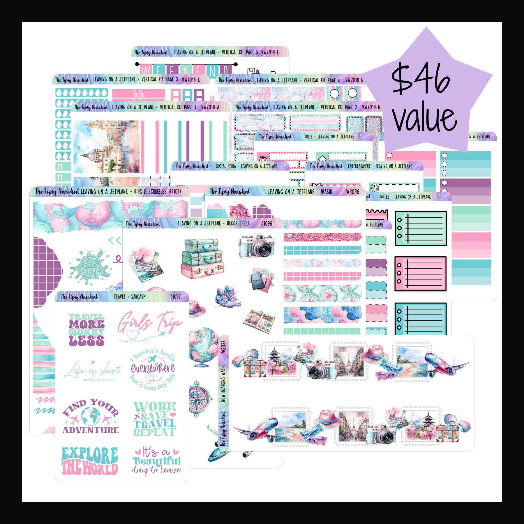 Leaving on a Jet Plane Vertical Bundle contains the Leaving on a Jet Plane Vertical Kit, Decor Sheet, Rips & Scribbles Sheet, Washi Sheet, Now Boarding Washi, Travel Sarcasm & Quotes sheet as well as the functional add on set.  It is a $46 total value.