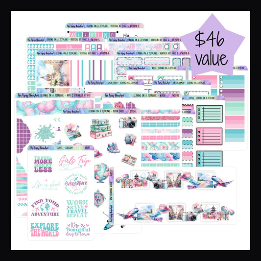 Leaving on a Jet Plane Vertical Bundle contains the Leaving on a Jet Plane Vertical Kit, Decor Sheet, Rips & Scribbles Sheet, Washi Sheet, Now Boarding Washi, Travel Sarcasm & Quotes sheet as well as the functional add on set.  It is a $46 total value. 