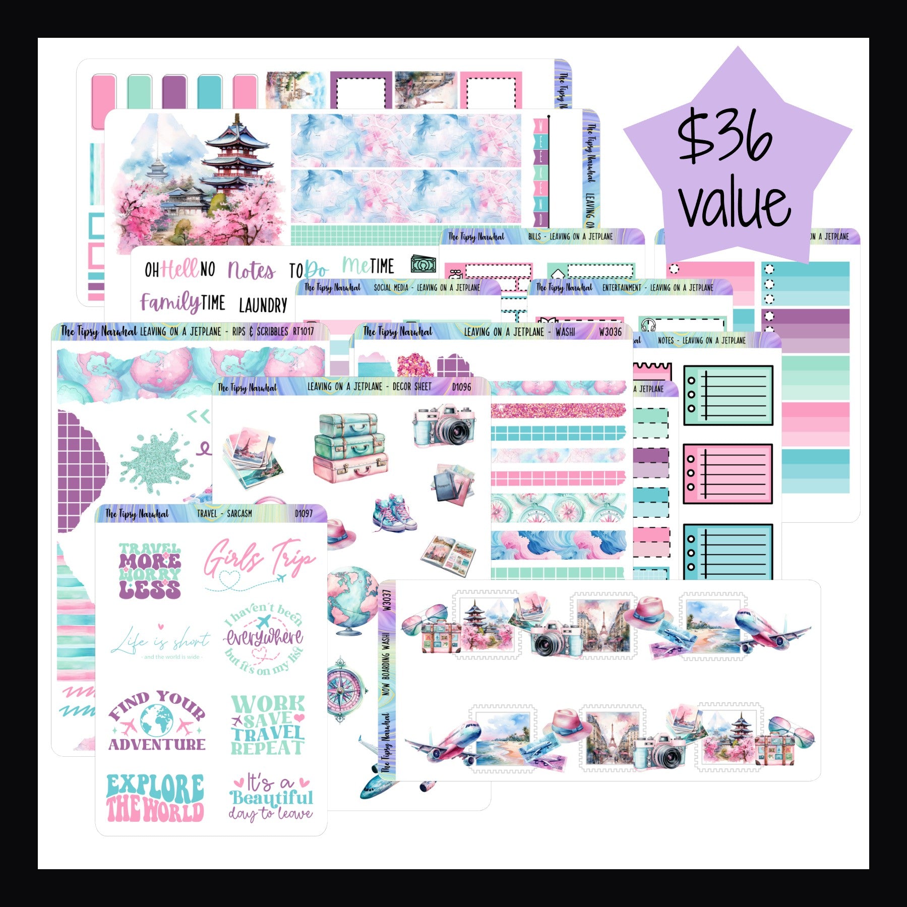 Leaving on a Jet Plane Weeks Bundle consists of the Leaving on a Jet Plane Hobonichi Weeks Kit, Decor Sheet, Rips & Scribbles Sheet, Washi Sheet, Now Boarding Washi, Travel Sarcasm & Quotes, as well as the full set of matching functional sheets. The total value is $36