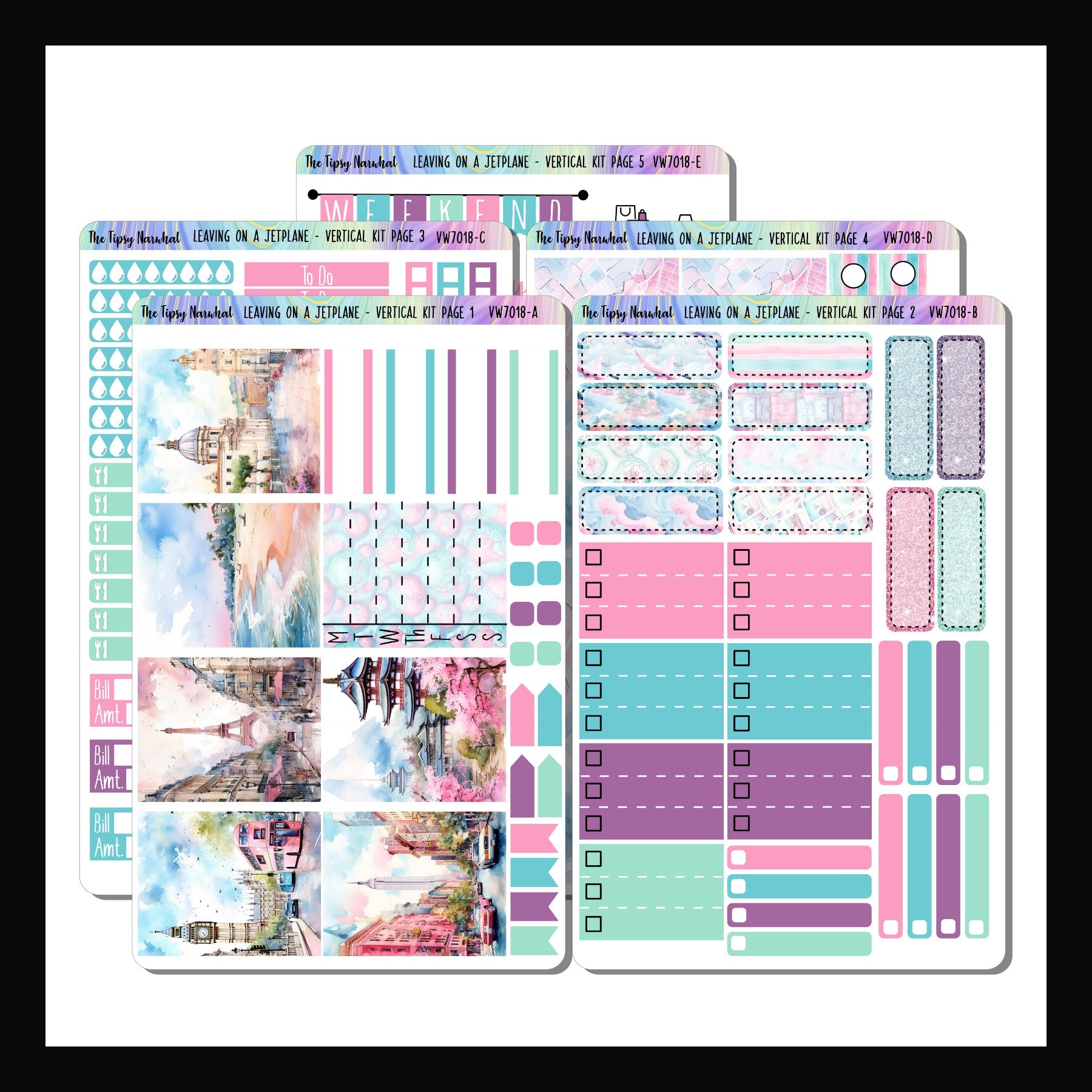 Leaving on a Jetplane Vertical Kit is a 5 page sticker kit sized to best fit popular vertical layout planners.  It features a traveling theme and is done in a bright color palette of pink, blues and purple. 