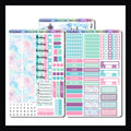 Leaving on a Jet Plane Hobonichi Cousin Kit is a 3 page sticker kit.  It is designed to best fit in Hobonichi Cousin and other A5 planners.  It features a fun travel theme and a color palette of pink, purple, blue and mint. 