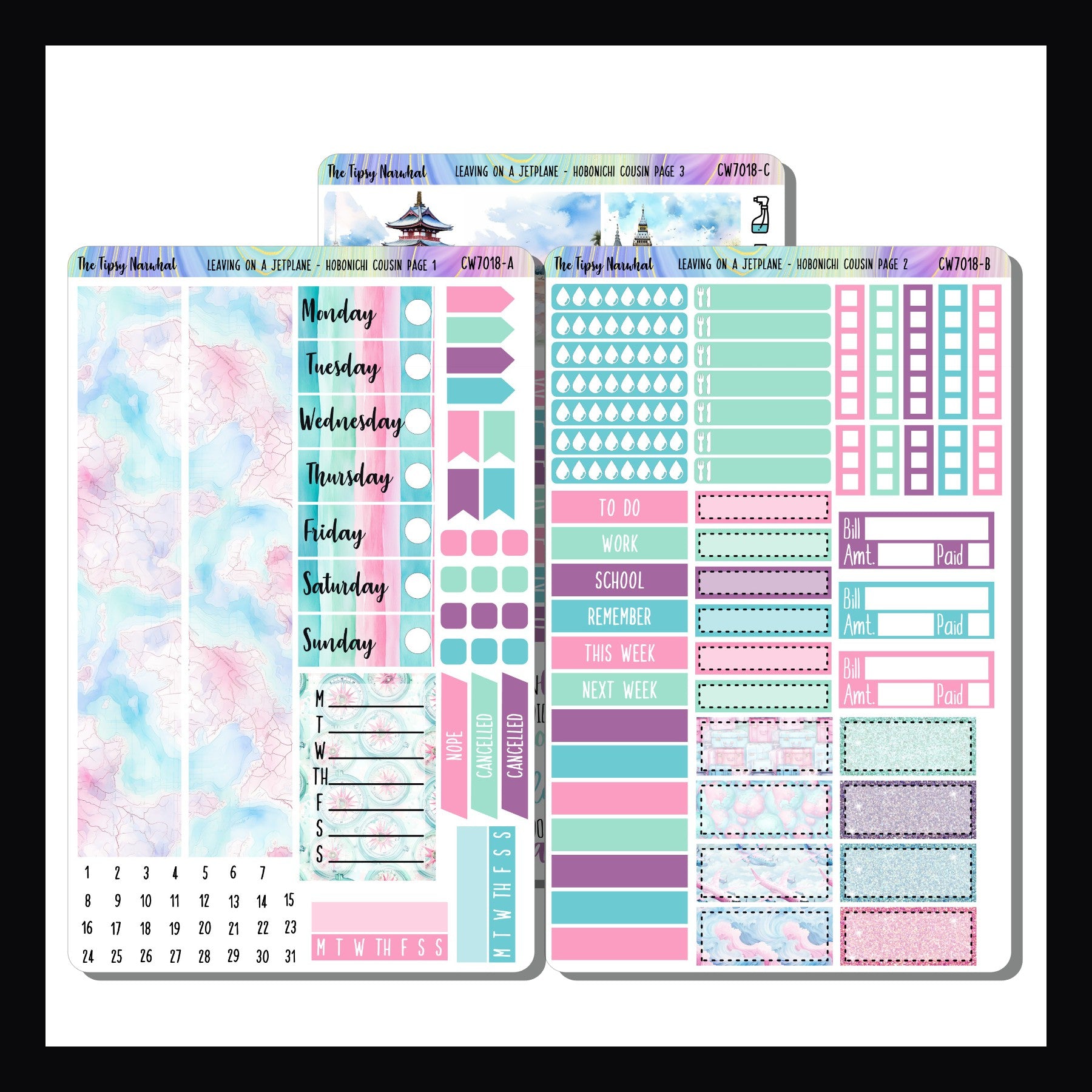 Leaving on a Jet Plane Hobonichi Cousin Kit is a 3 page sticker kit.  It is designed to best fit in Hobonichi Cousin and other A5 planners.  It features a fun travel theme and a color palette of pink, purple, blue and mint. 