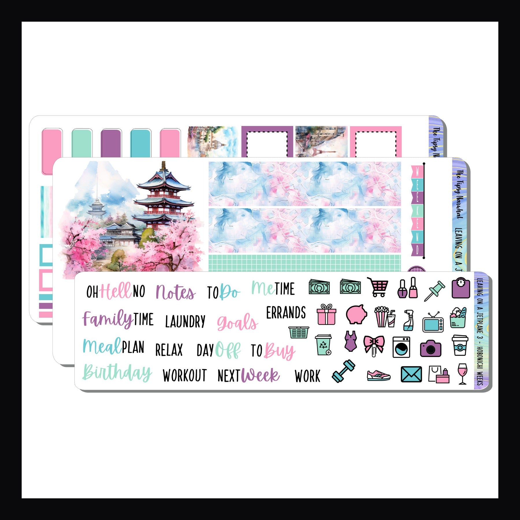 The Leaving on a Jet Plane Hobonichi Weeks kit is a 3 page sticker kit designed to work in the Hobonichi Weeks and other similar sized planners.  It features a travel theme and a color palette of pink, purple, blue and mint. 
