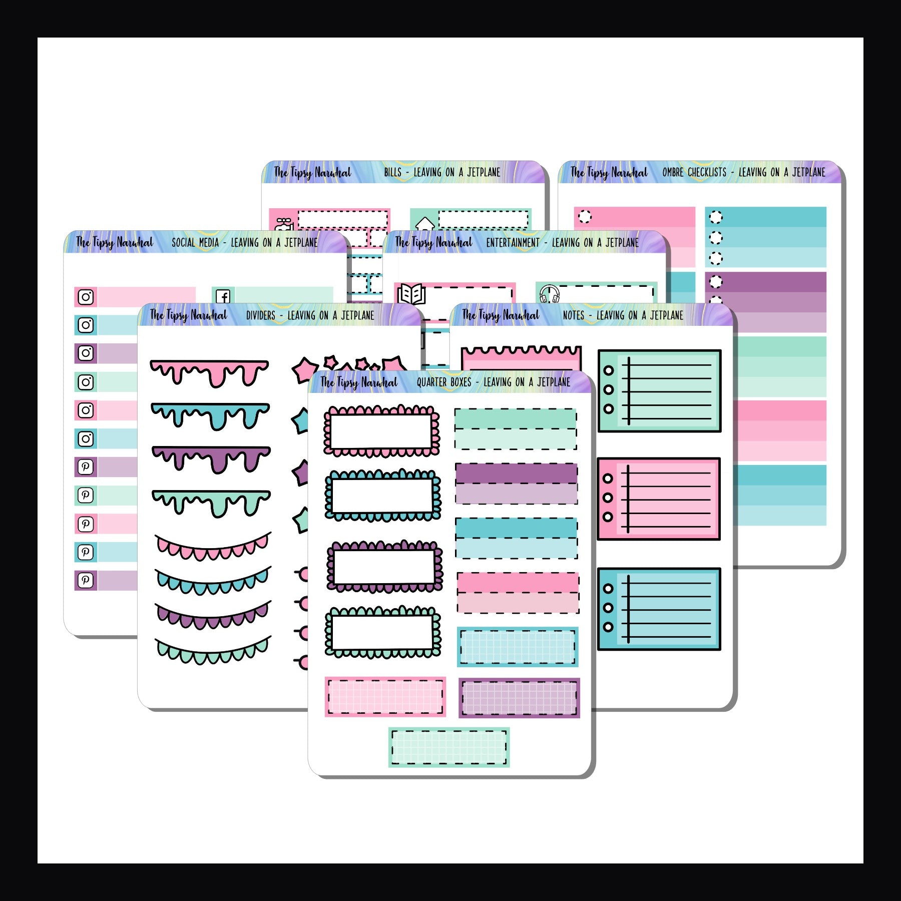 Leaving on a Jet Plane Functionals is a collection of functional sticker sheets designed to coordinate with the Leaving on a Jet Plane weekly kits.  The kit includes 7 sheets, each with it's own selection of functional stickers.