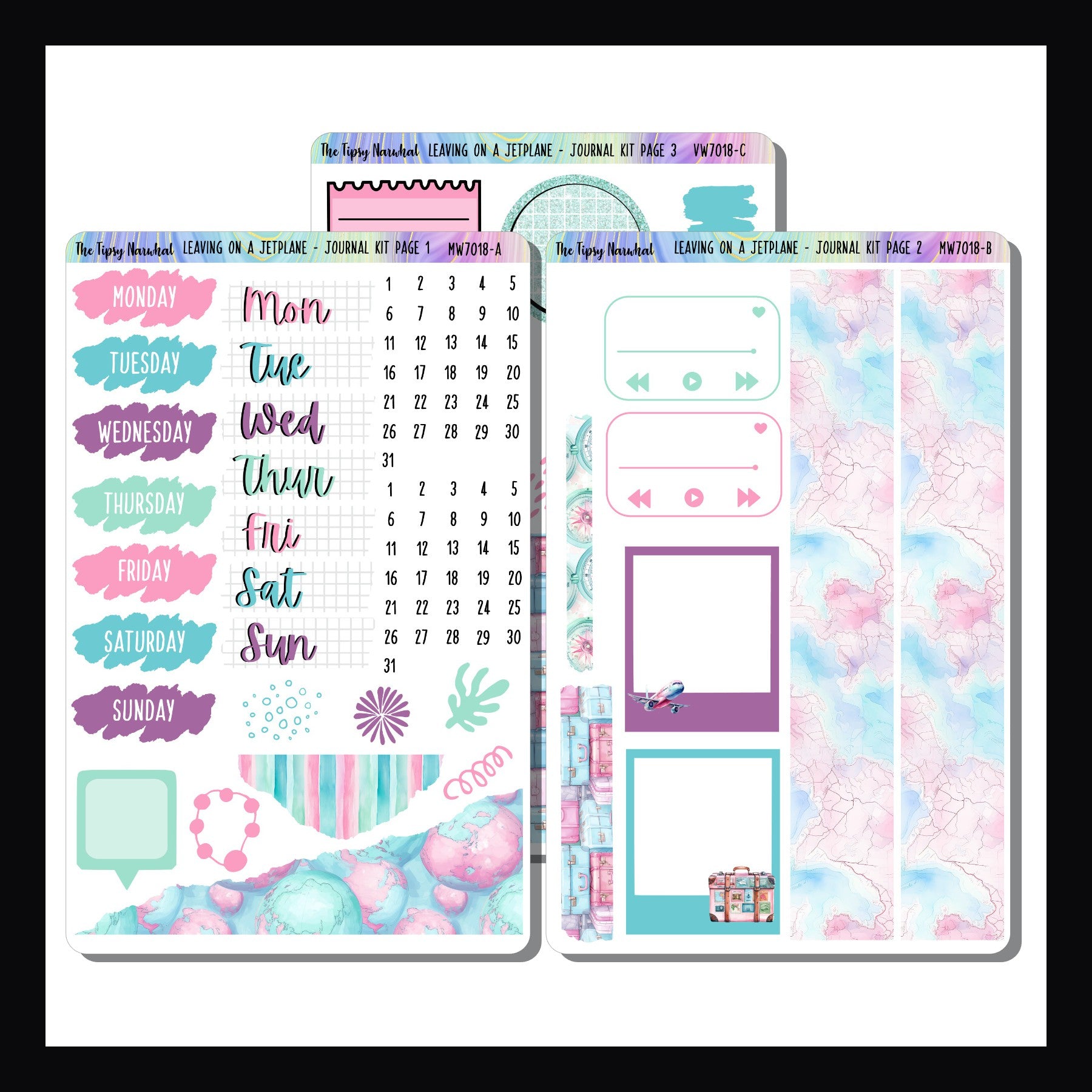 Leaving on a Jet Plane Journal Kit is a 3 page sticker kit designed to focus on decorative elements for journal style planning.  It features a travel theme and a color palette of pink, blue, purple and mint.