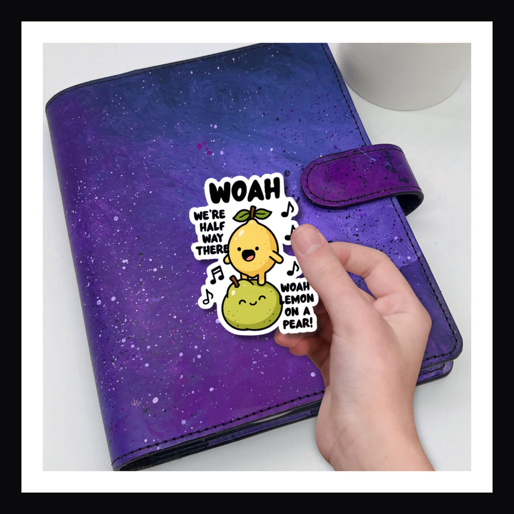 Die Cut Sticker - Lemon on a Pear shown here on a purple planner.