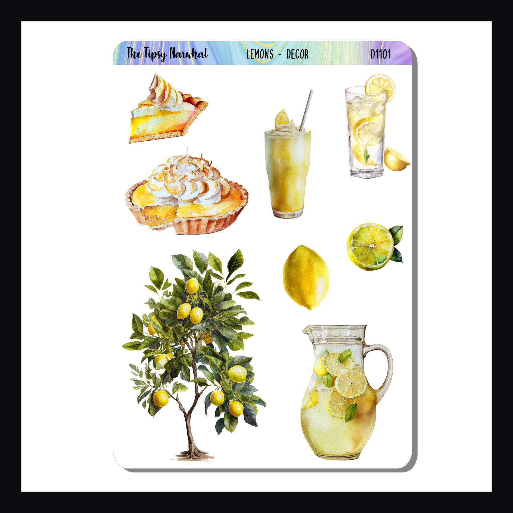 Lemons Decor Sheet is 3.5 x 5 inch sticker sheet featuring a lemon theme.  From ripening on trees to a glass of cool lemonade this sticker sheet will sweeten up your planners and journals.