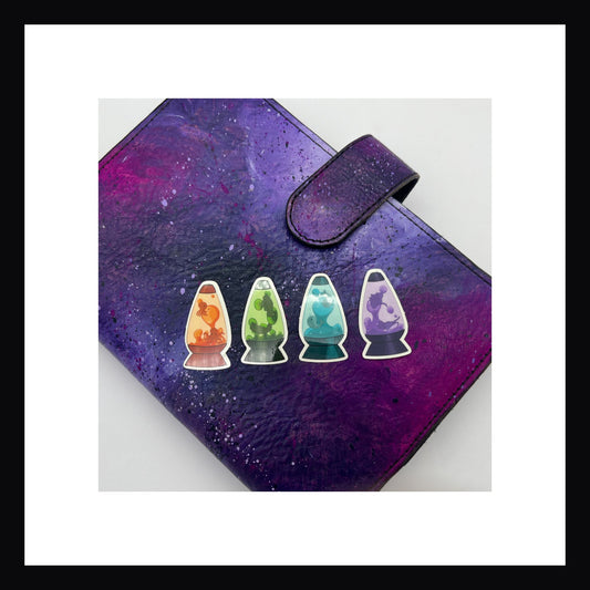 Living Lava Lamps Vinyl Stickers, collection of 4 lava lamp stickers.  Each uniquely colored lava lamp features a different aquatic animal living within its glass.  Stickers are printed on thick clear glossy vinyl.